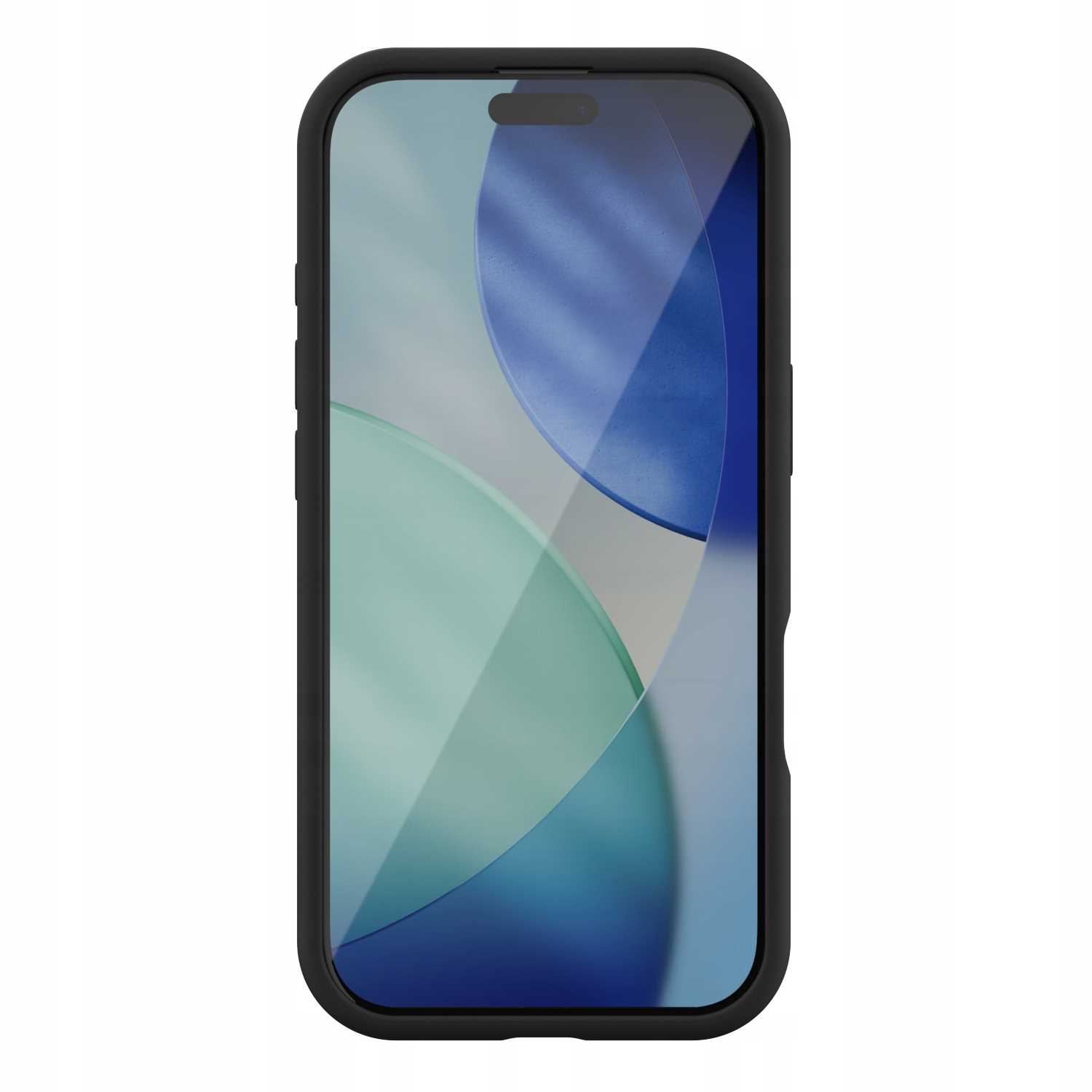 Smartfon w czarnym etui jest wyśrodkowany. Ekran wyświetla niebiesko-zielony gradient. Etui ma zaokrąglone rogi.