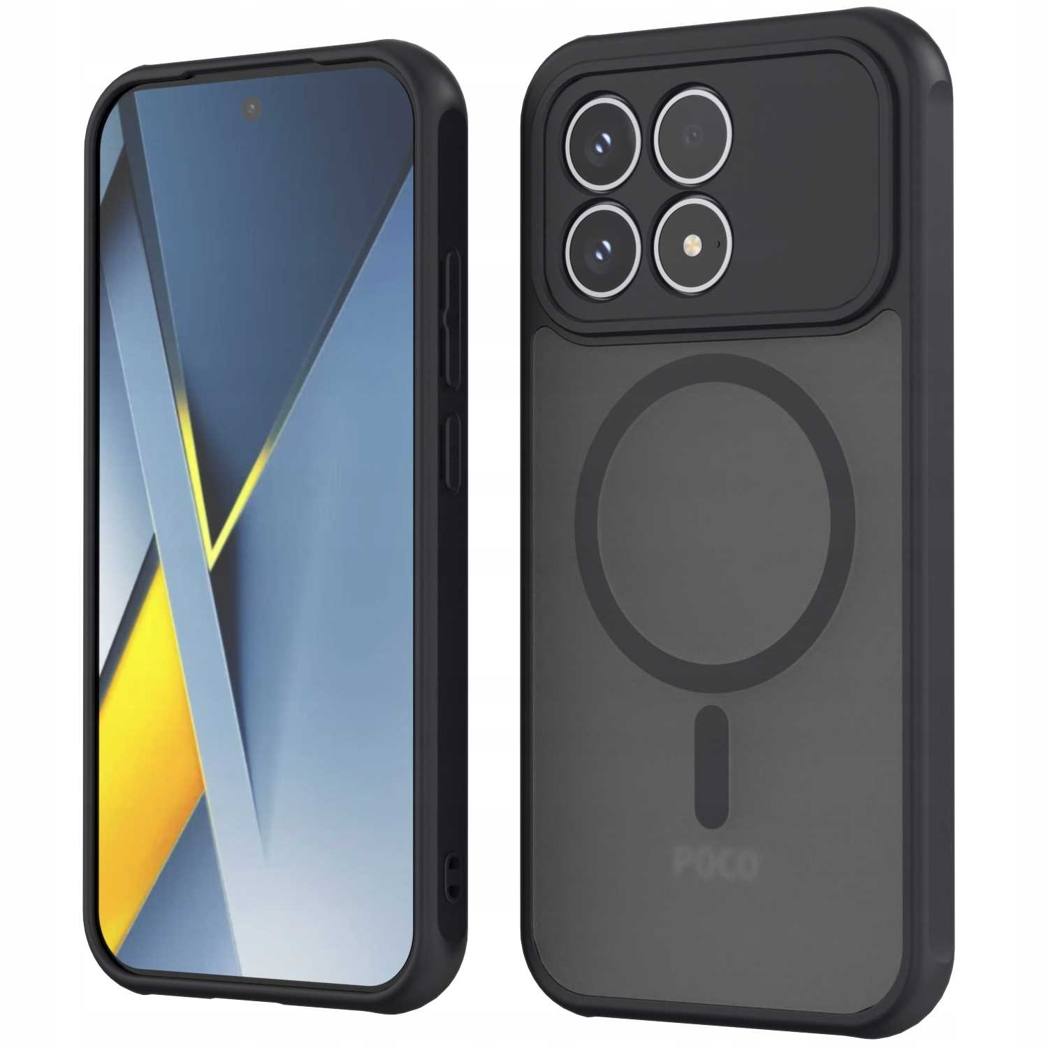 Dwa czarne etui na telefon. Jedno pokazuje ekran telefonu z designem. Drugie ma wycięcia na aparat i logo POCO.