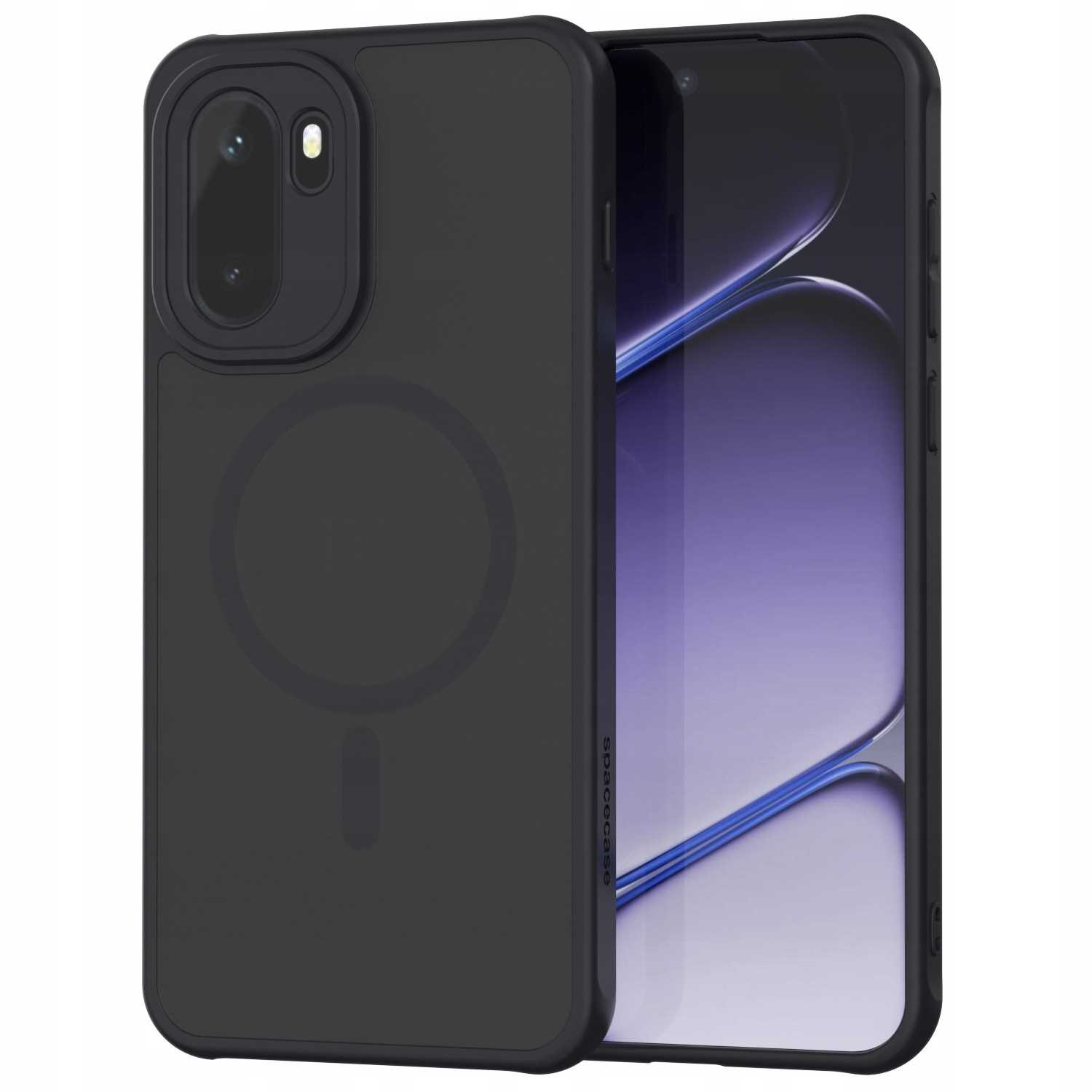 Czarne etui na telefon z telefonem w środku. Etui ma wycięcie na aparat i magnetyczne kółko. Ekran telefonu jest widoczny.