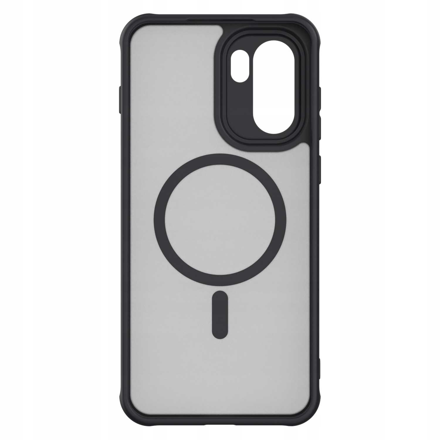 Etui na telefon z czarną ramką i przezroczystym tyłem. Z tyłu czarny pierścień i znak minus.