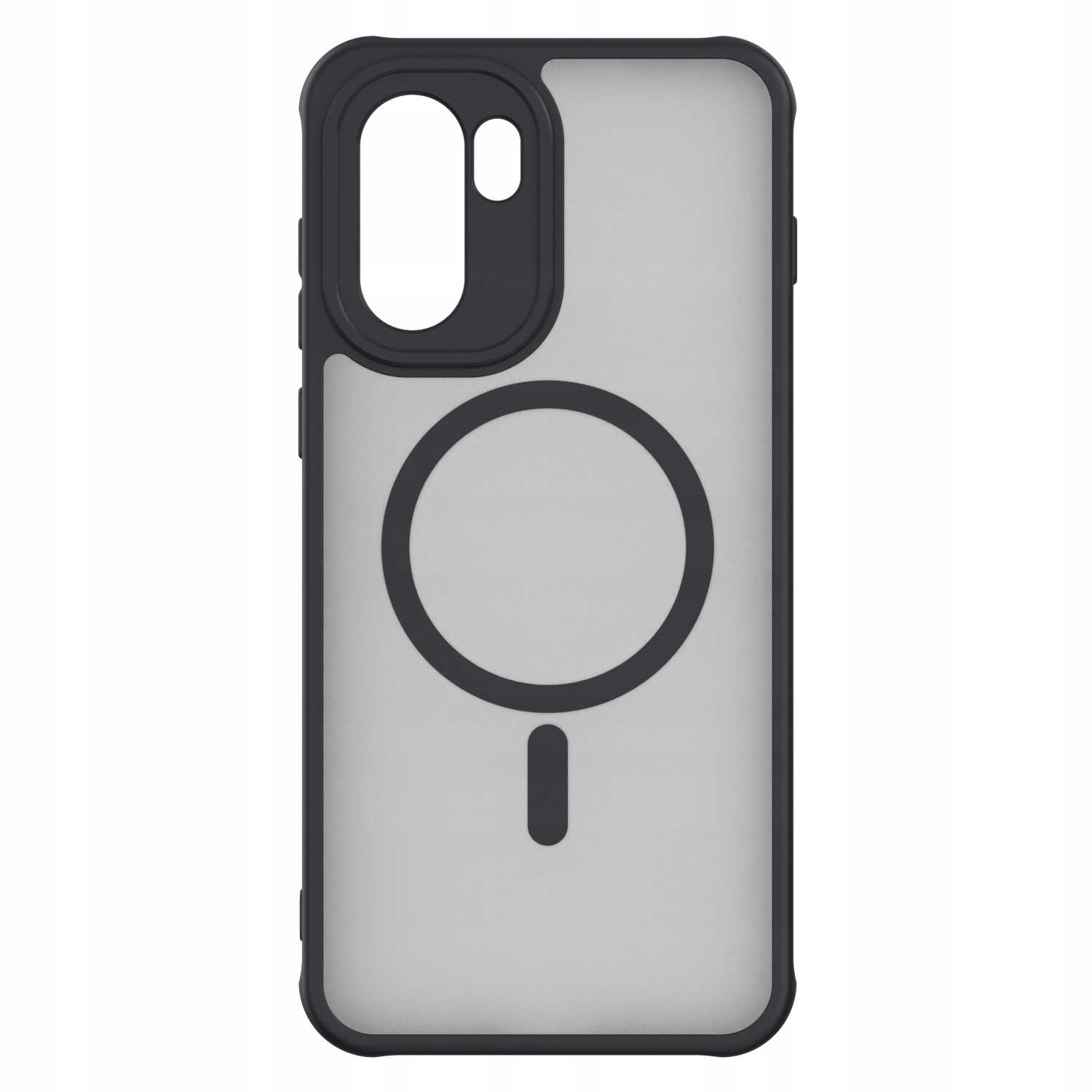 Przezroczyste etui na iPhone'a z czarną ramką. Posiada wzór koła i kreski, z wycięciami na aparat i przyciski.