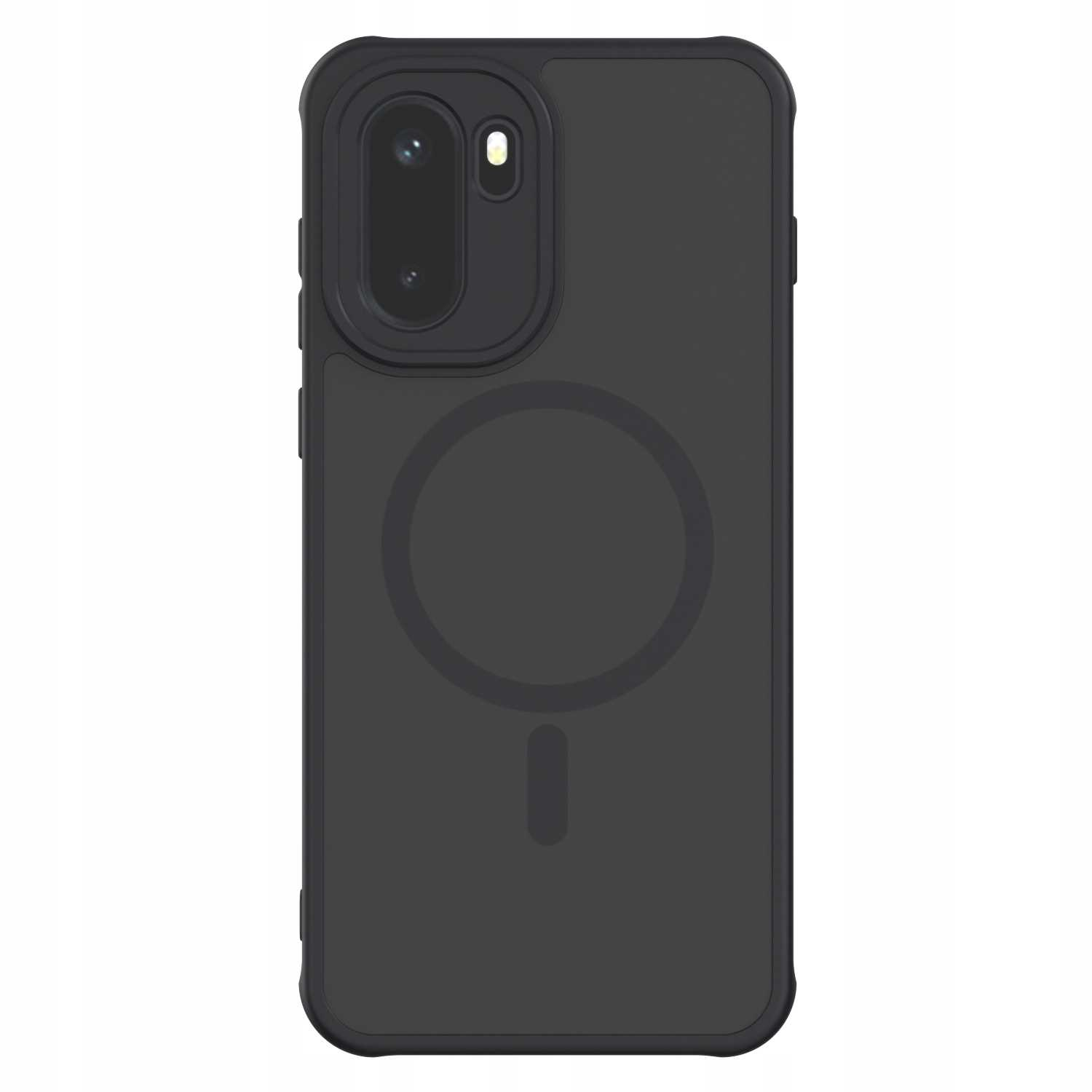 Czarna obudowa telefonu. Ma wycięcie na aparat w lewym górnym rogu. Obudowa ma okrągły wzór i pionową linię.