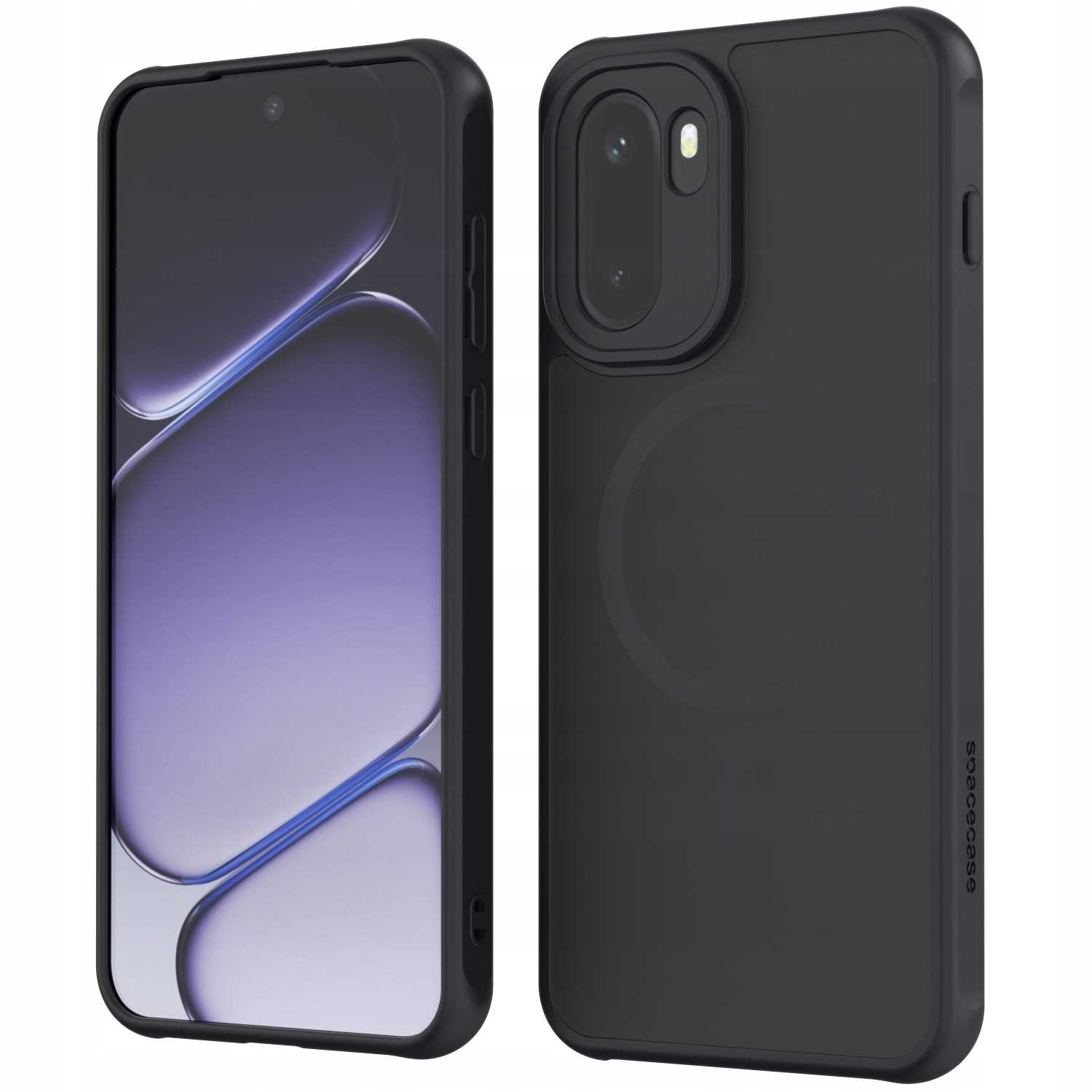 Dwa czarne etui na telefon. Jedno pokazuje ekran, drugie aparat. Oba mają ochronny design.