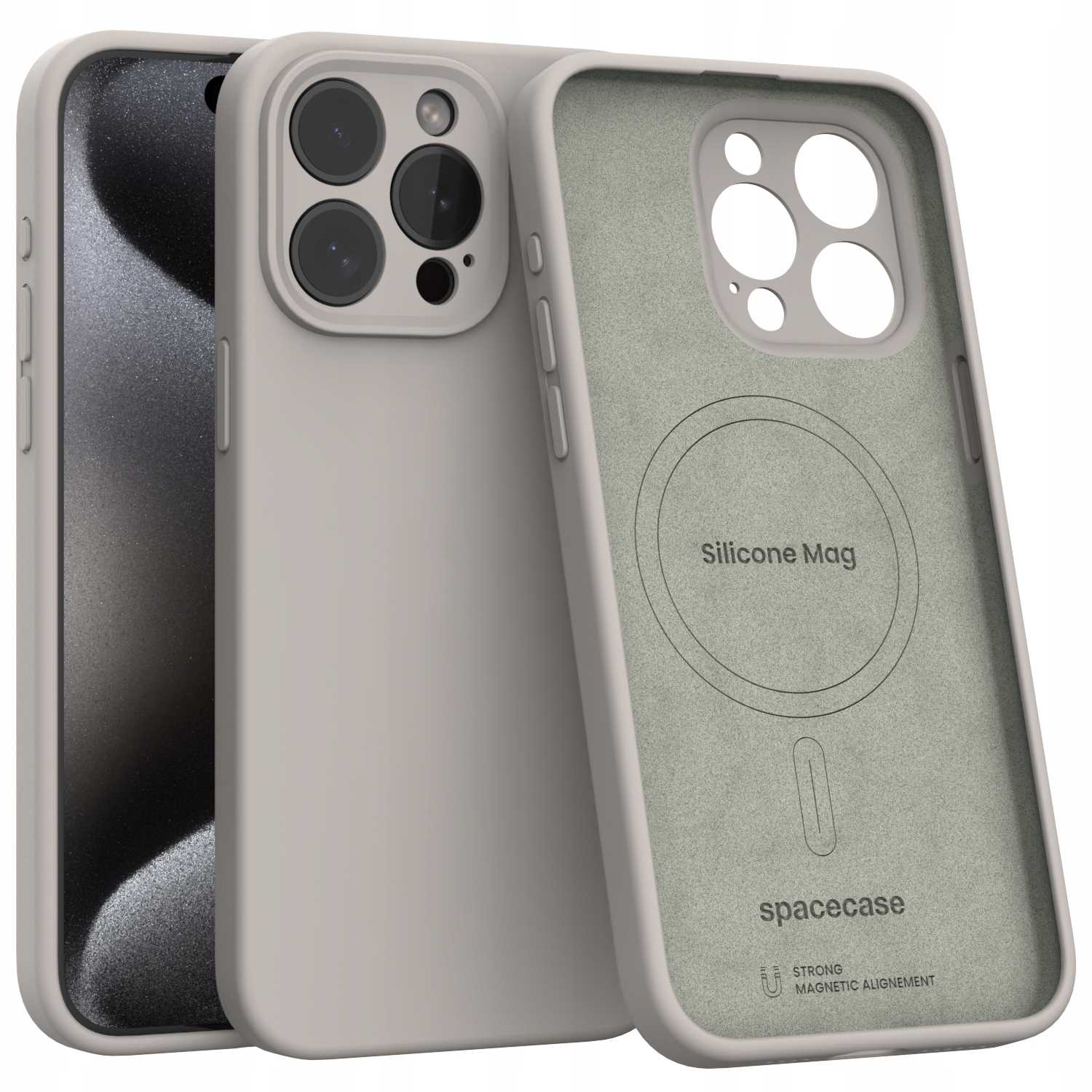 Trzy etui na telefon: jedno z telefonem w środku, dwa puste. Jasnoszary kolor. Jedno etui pokazuje wnętrze z napisem 'Silicone Mag' i 'spacecase'.