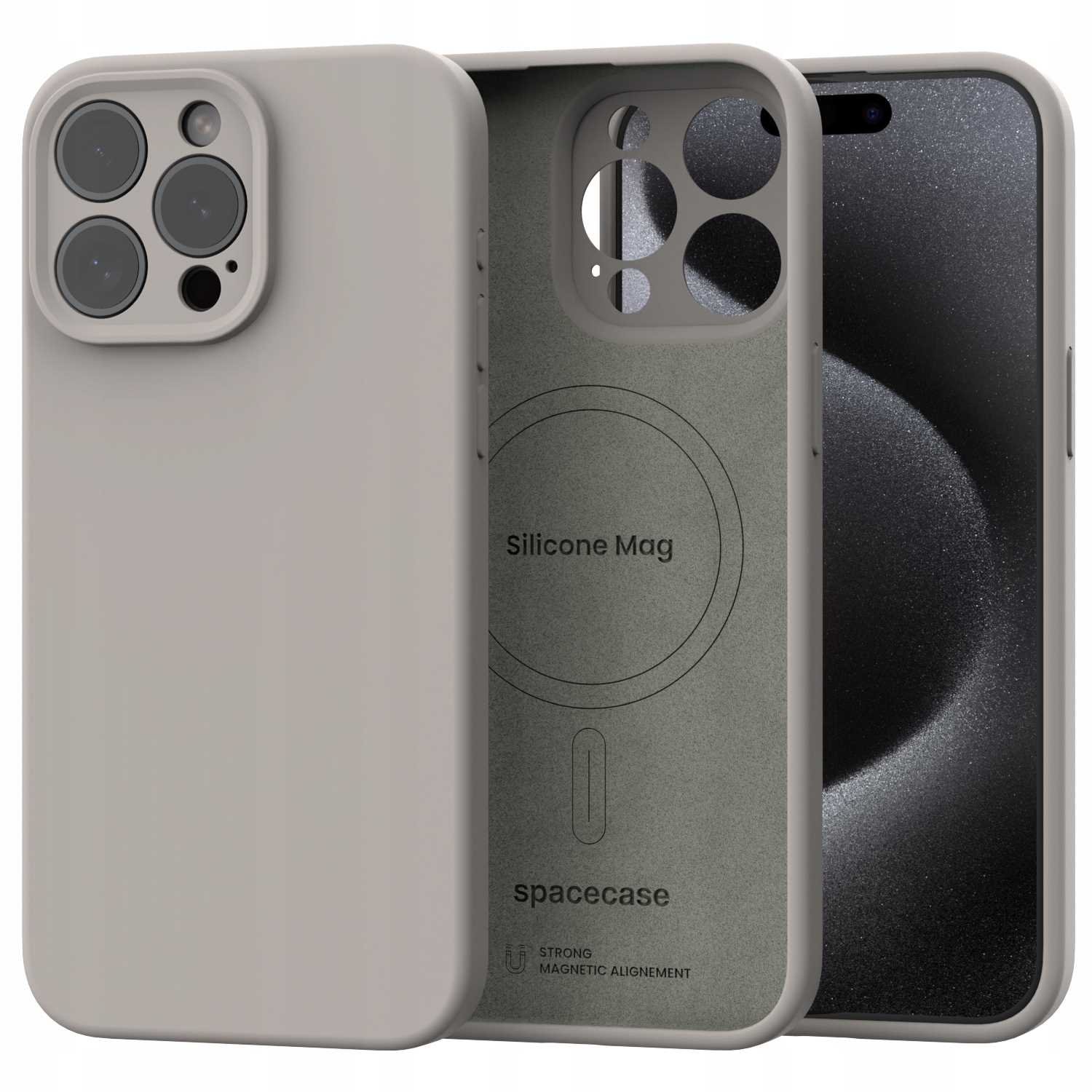 Trzy etui na telefon: jedno jednolite jasnoszare, jedno z wycięciem na aparat i telefon. Na środkowym etui napis 'Silicone Mag' i 'spacecase'.