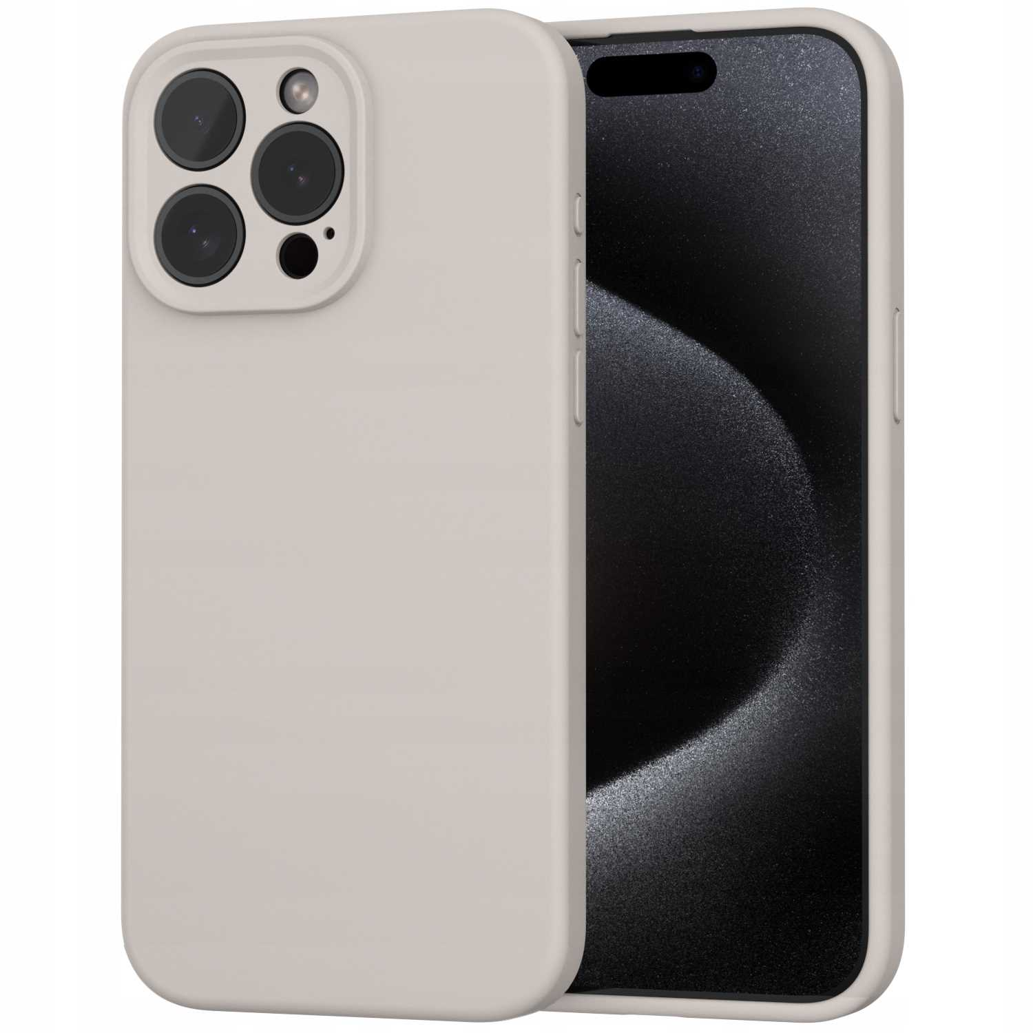 Beżowe etui na telefon obok smartfona z czarnym ekranem. Etui posiada moduł kamery z wieloma obiektywami.