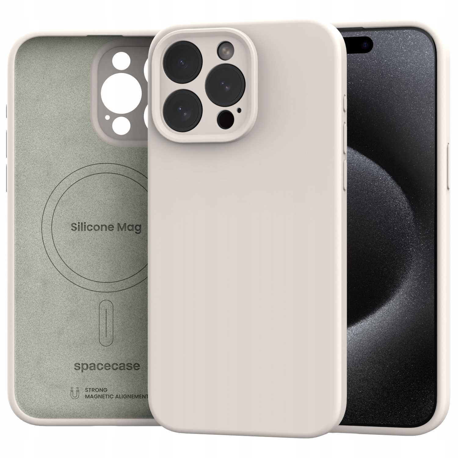 Trzy etui na telefon: jedno otwarte, pokazujące wnętrze, jedno na telefonie i jedno puste. Wszystkie etui są jasno beżowe.