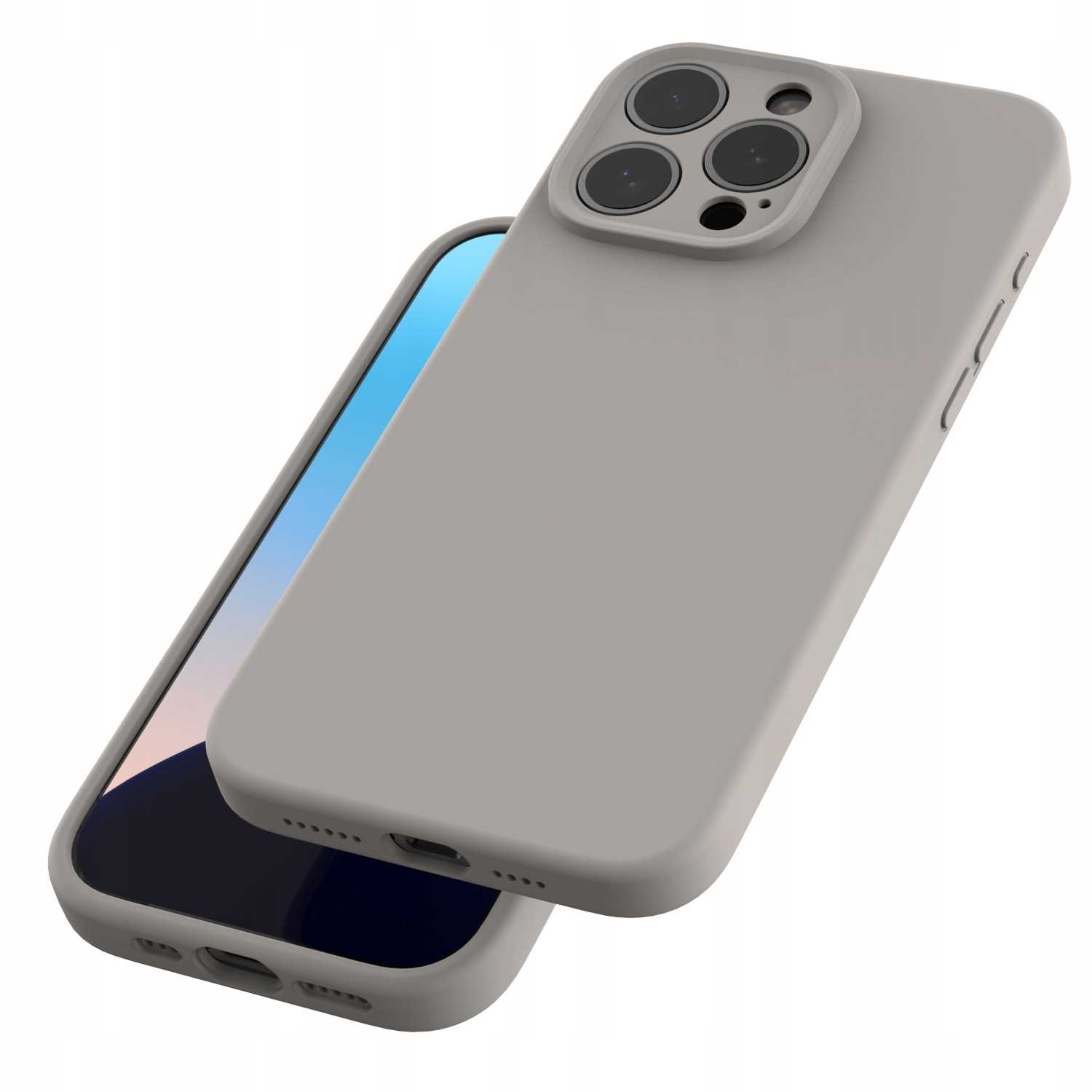 Szary telefon z szarym etui, pokazujący ekran i obiektywy aparatu. Tło jest białe.