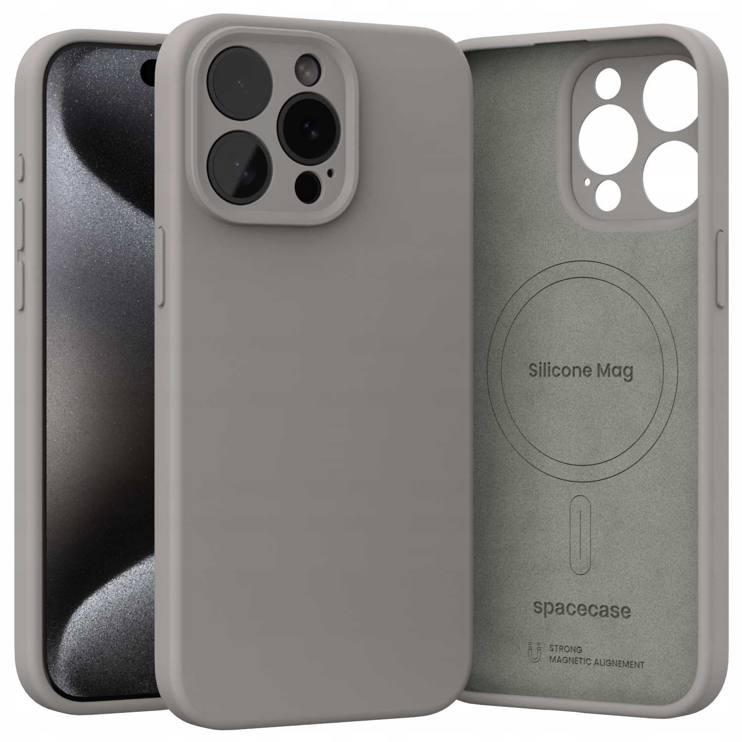 Szare etui na telefon z trzema widocznymi aparatami, ekranem telefonu i wnętrzem z napisem 'Silicone Mag'.
