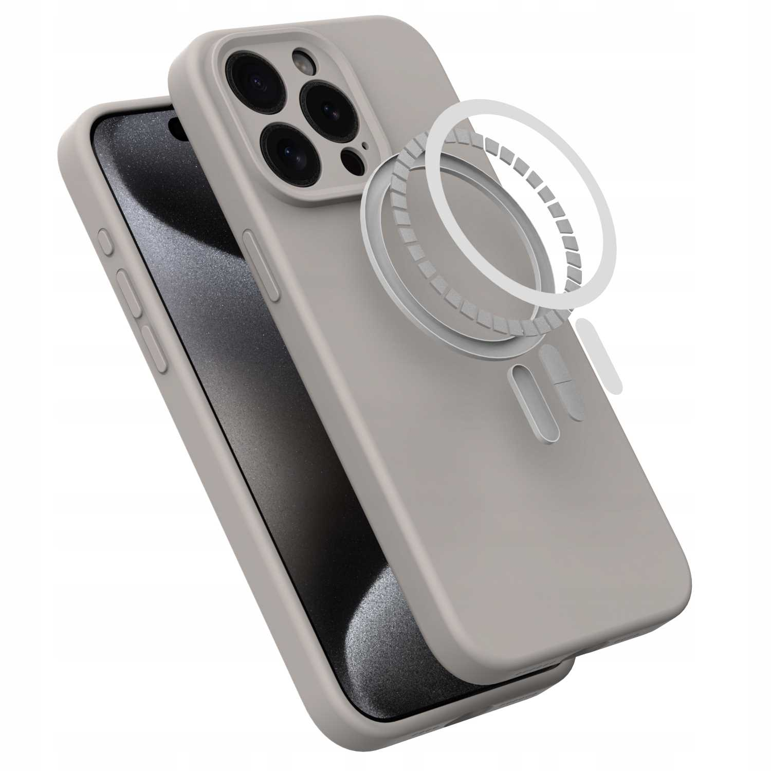 Szare etui na telefon z wycięciem na aparat, częściowo zakrywające czarny ekran. Biały pierścień magnetyczny unosi się.