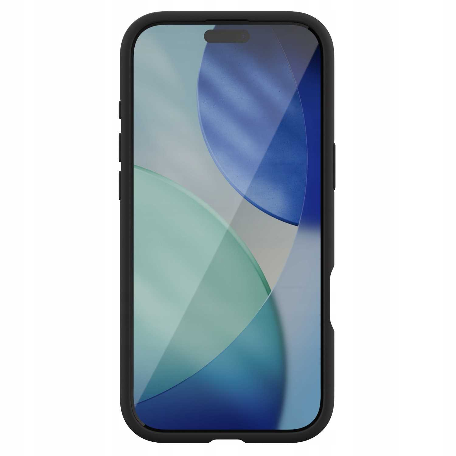 Smartfon w czarnym etui. Ekran wyświetla rozmyty, abstrakcyjny wzór niebieskich i zielonych kształtów.