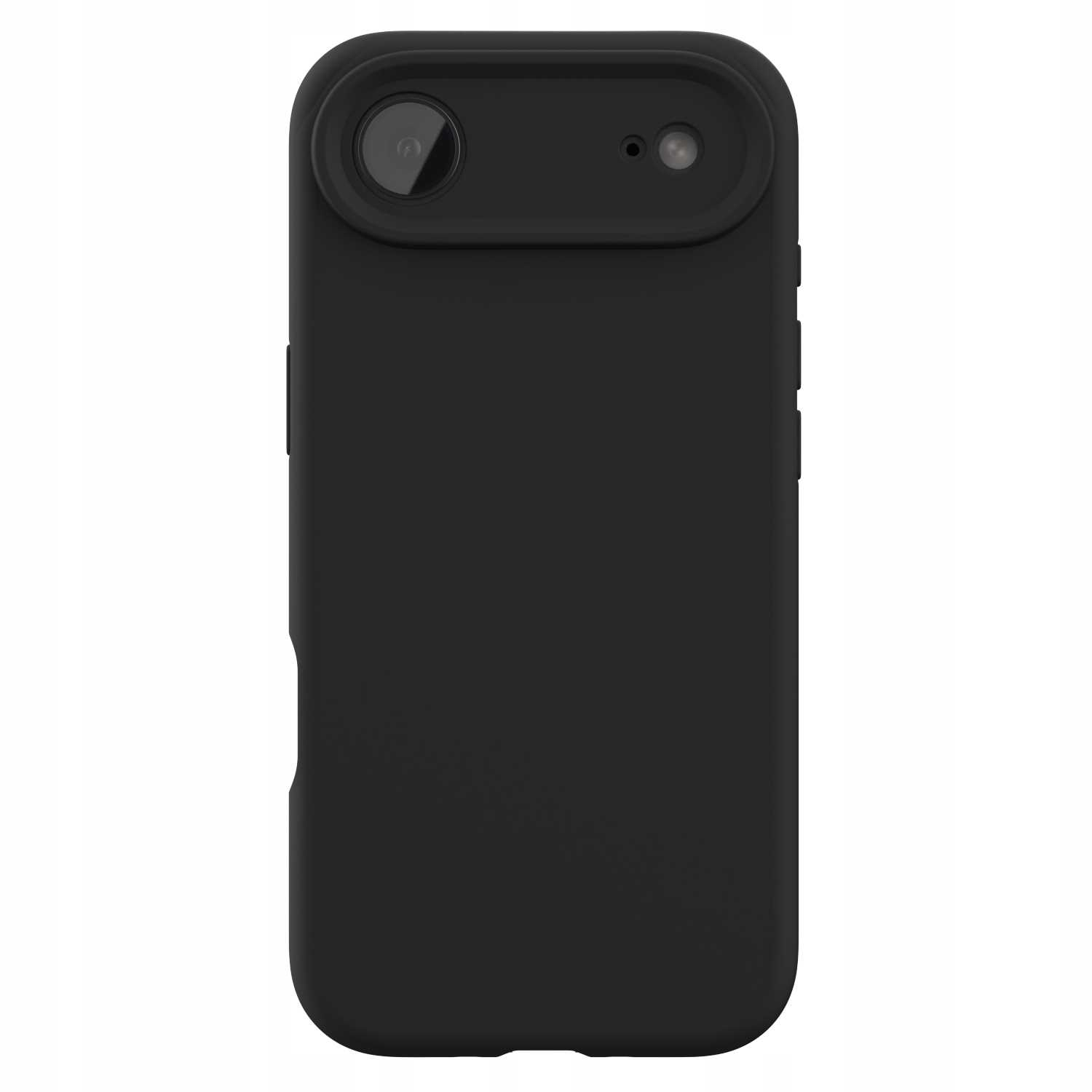 Czarny futerał na telefon z dwoma obiektywami aparatu na górze. Etui jest prostokątne z zaokrąglonymi rogami.