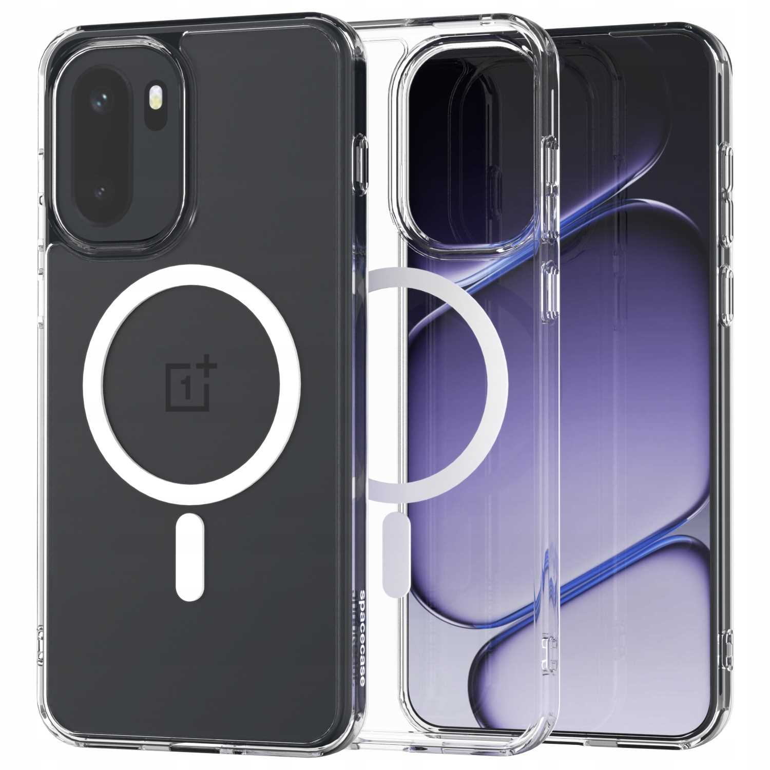 Przezroczyste etui na telefon prezentujące telefon. Telefon ma czarny tył z białym okrągłym wzorem i aparatem.