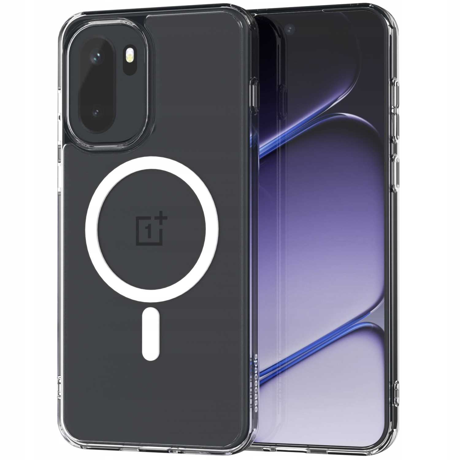 Przezroczyste etui na telefon z czarnym telefonem w środku. Etui ma białe koło ze znakiem minus i wycięcie na aparat.