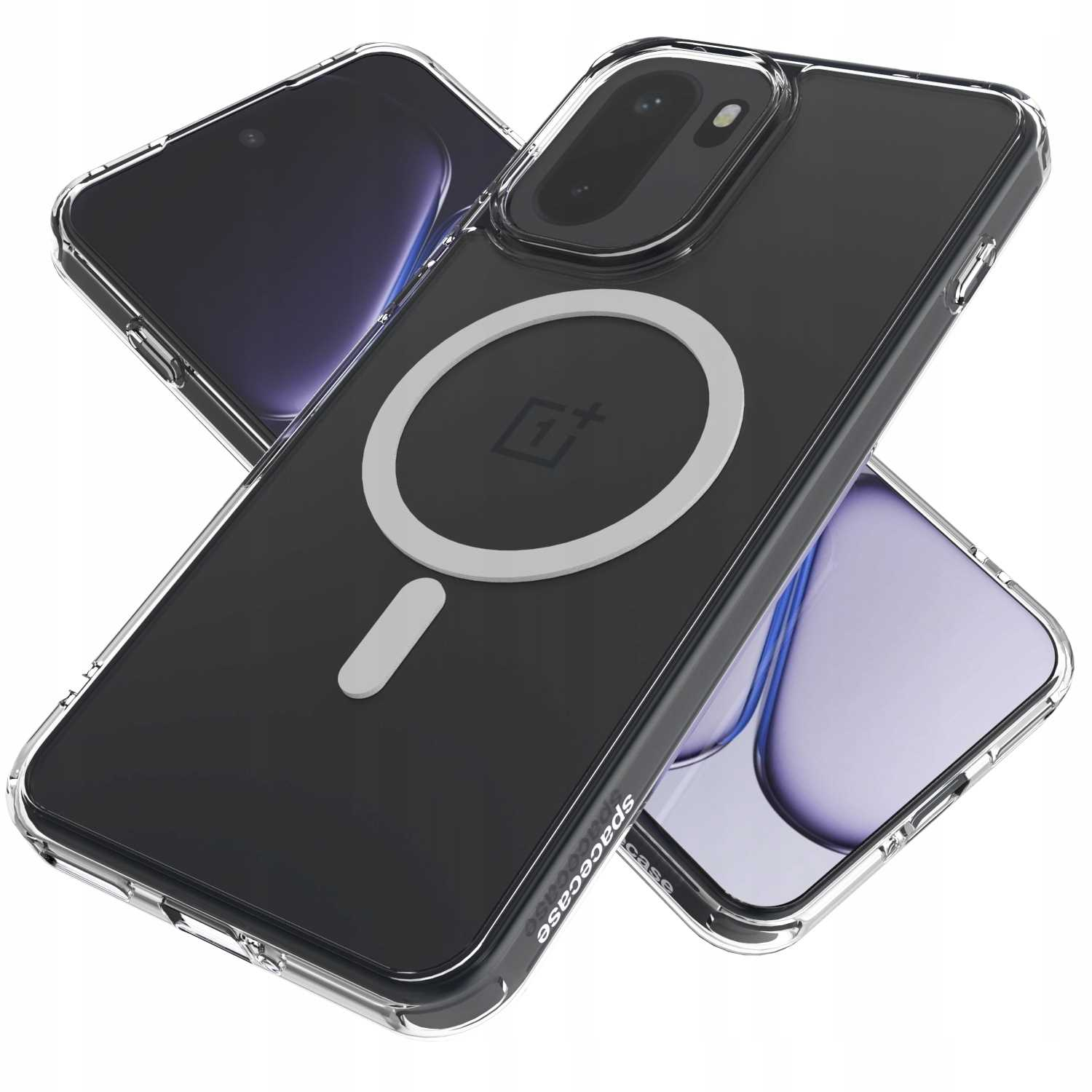 Przezroczyste etui na telefon z czarnym telefonem w środku. Etui ma biały pierścień i mały pasek. Telefon jest widoczny.