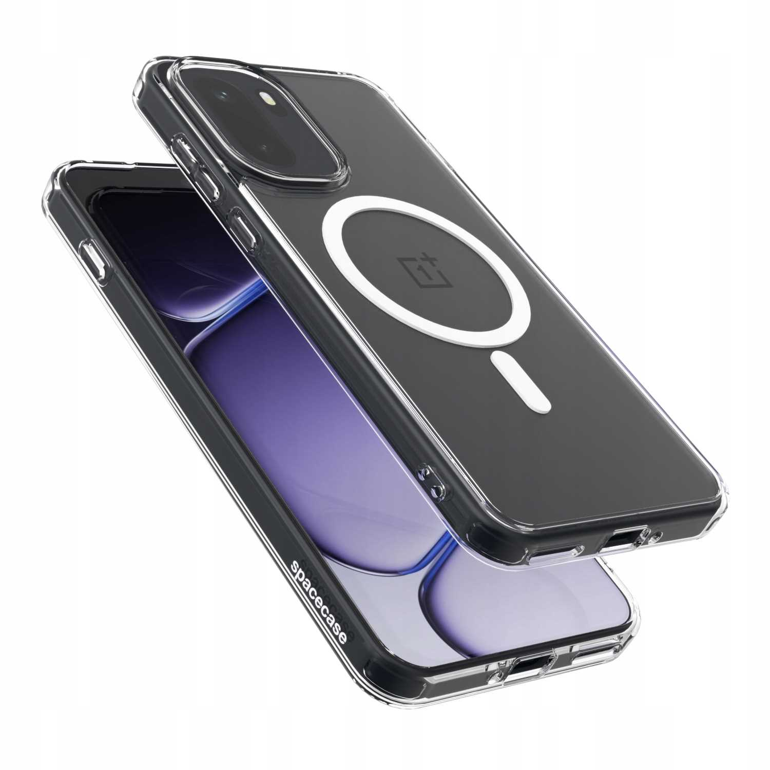Dwa przezroczyste etui na telefon ułożone jedno na drugim. Górne etui ma białe koło ze znakiem minus. Na dolnym etui napis "spacecase".