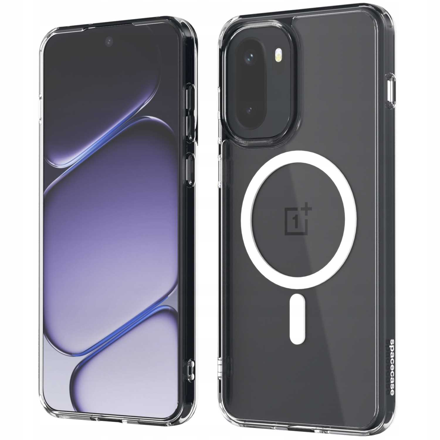 Dwa przezroczyste etui na telefon. Jedno z telefonem pokazującym fioletowy gradient. Drugie z białym okręgiem i logo.