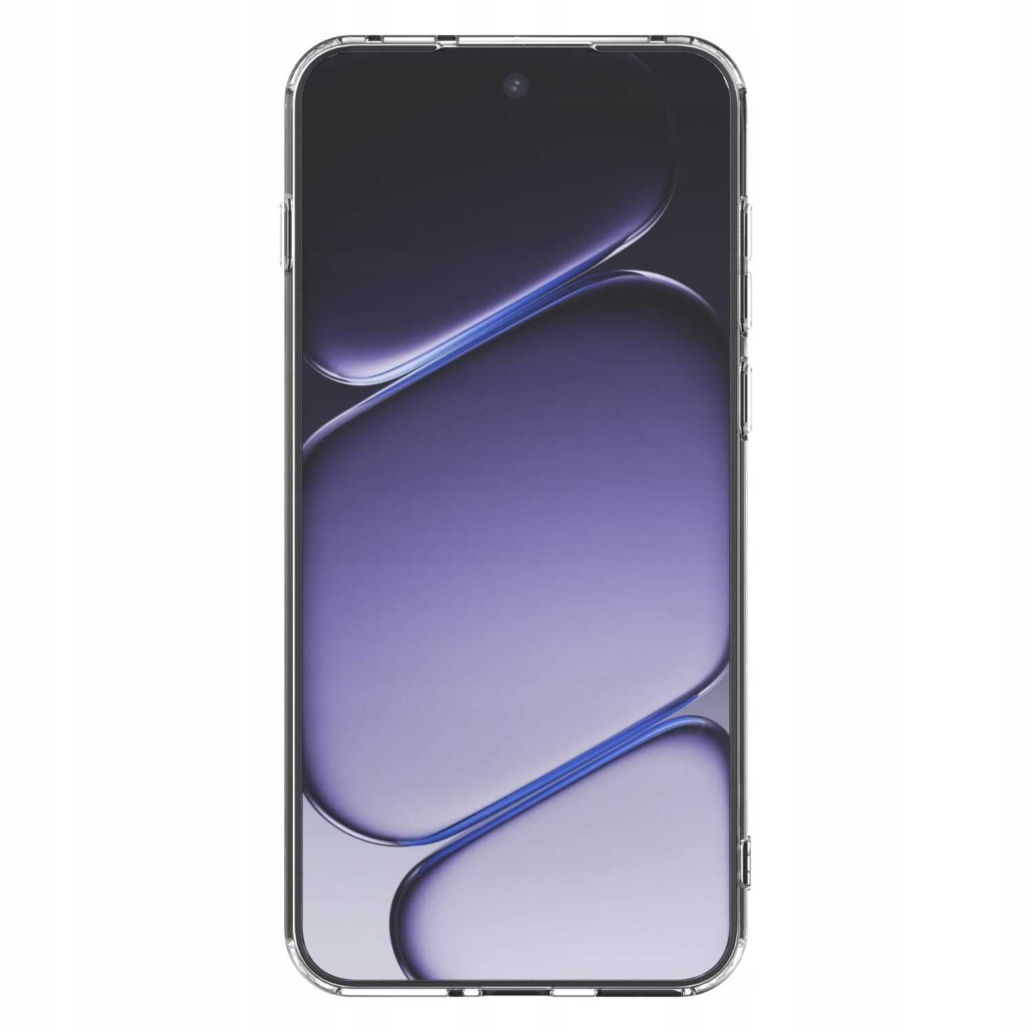 Przezroczyste etui na telefon, prezentujące smartfon z fioletowym gradientem w tle. Etui ma zaokrąglone krawędzie i wycięcie na aparat.