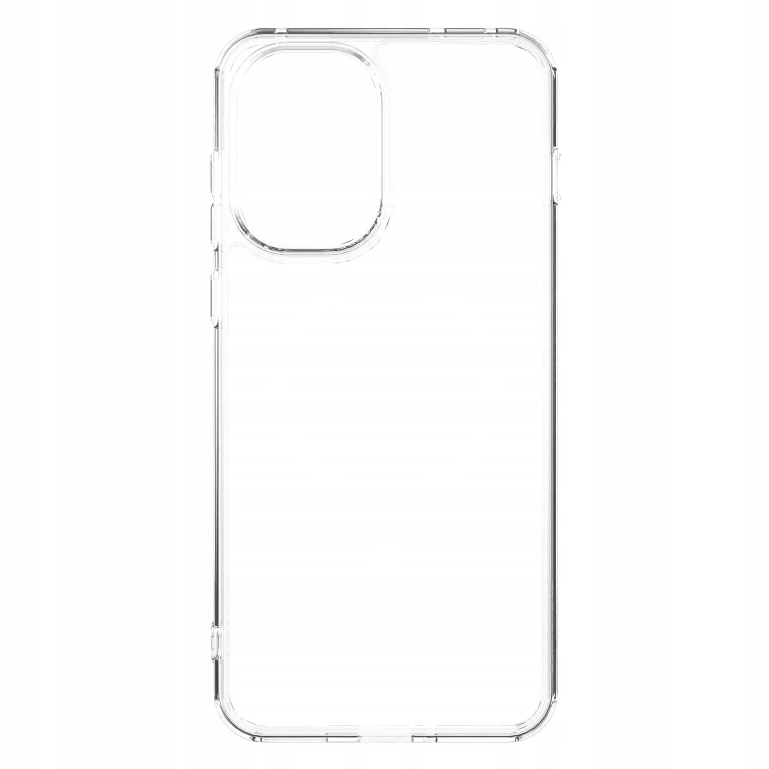 Przezroczyste, przezroczyste etui na telefon z wycięciami na aparat i przyciski. Etui jest prostokątne z zaokrąglonymi rogami.