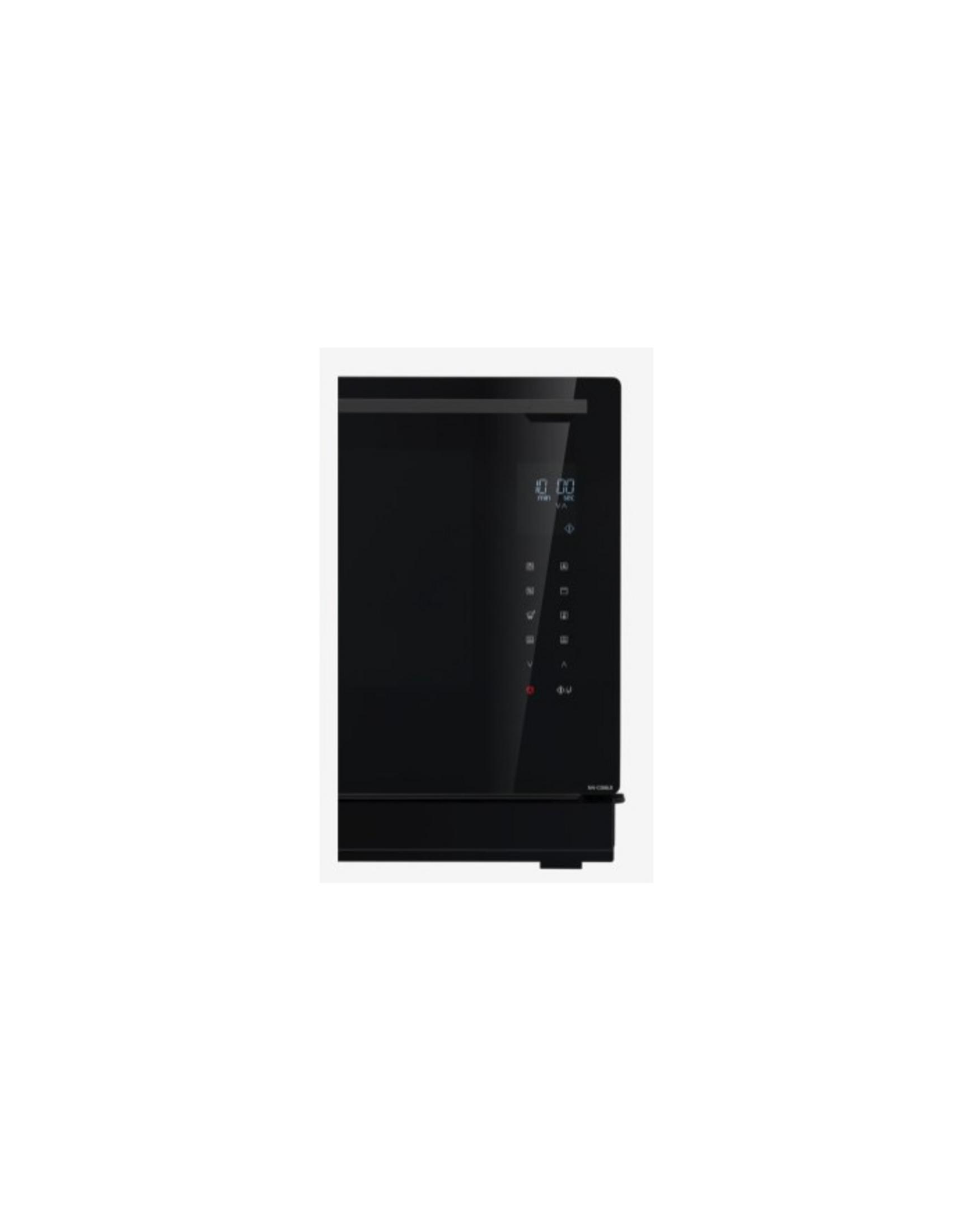 Un horno negro con pantalla digital que muestra 10:00. Panel de control con iconos visible. El horno está en un marco blanco.