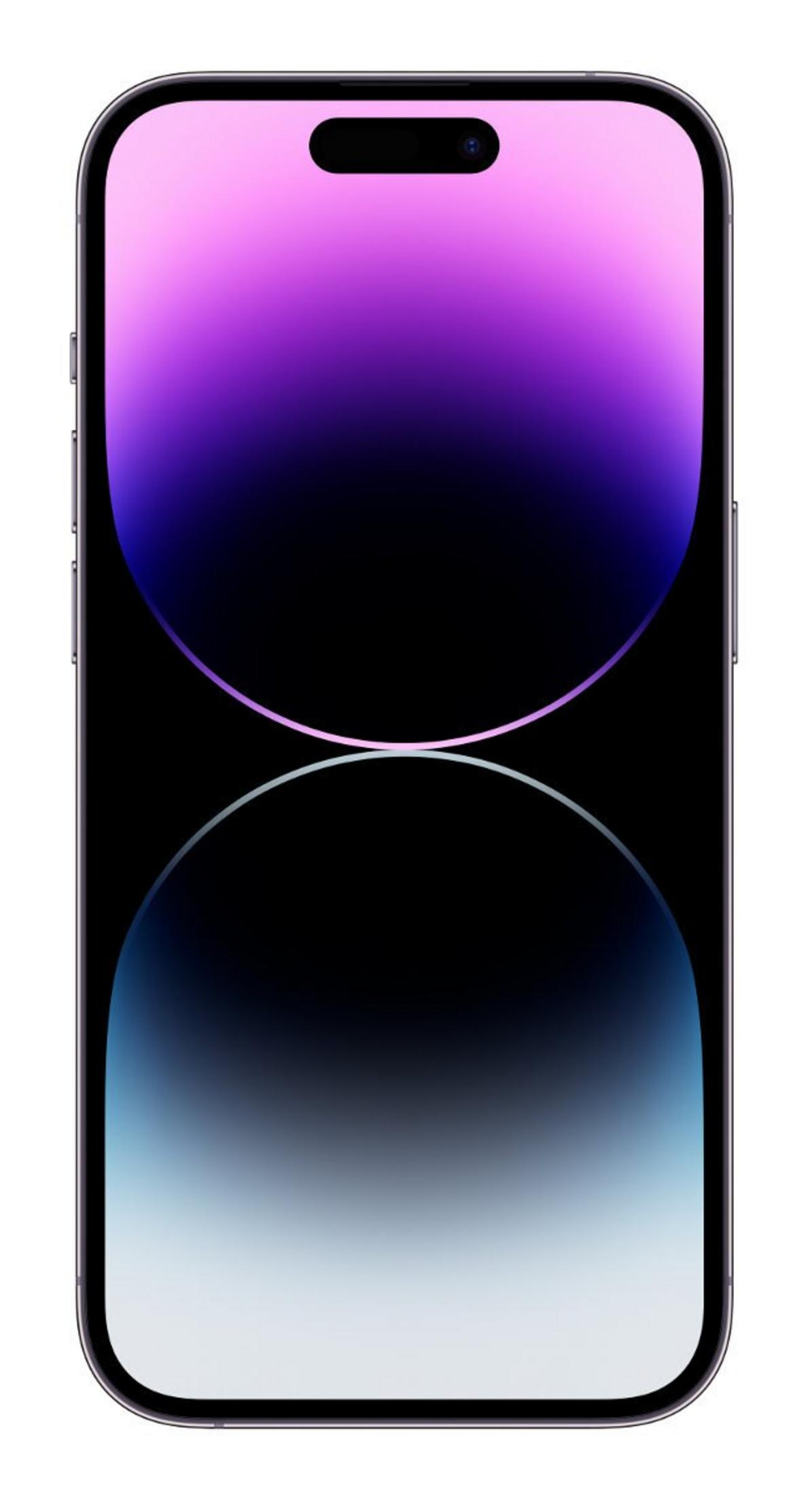 Smartfon z gradientowym ekranem, czarnym górnym paskiem i wycięciem na aparat. Ekran ma fioletowe, czarne i niebieskie gradienty.