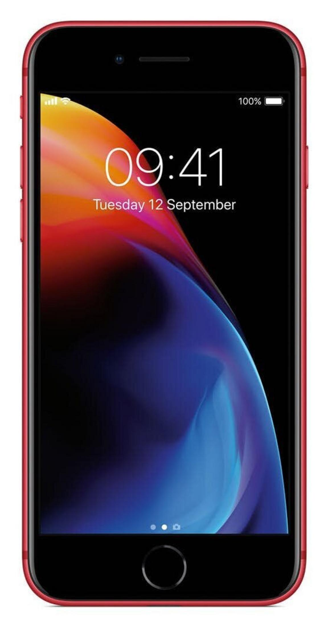 Czerwony iPhone z godziną 09:41 na kolorowej tapecie. Telefon jest czarny z czerwoną ramką.