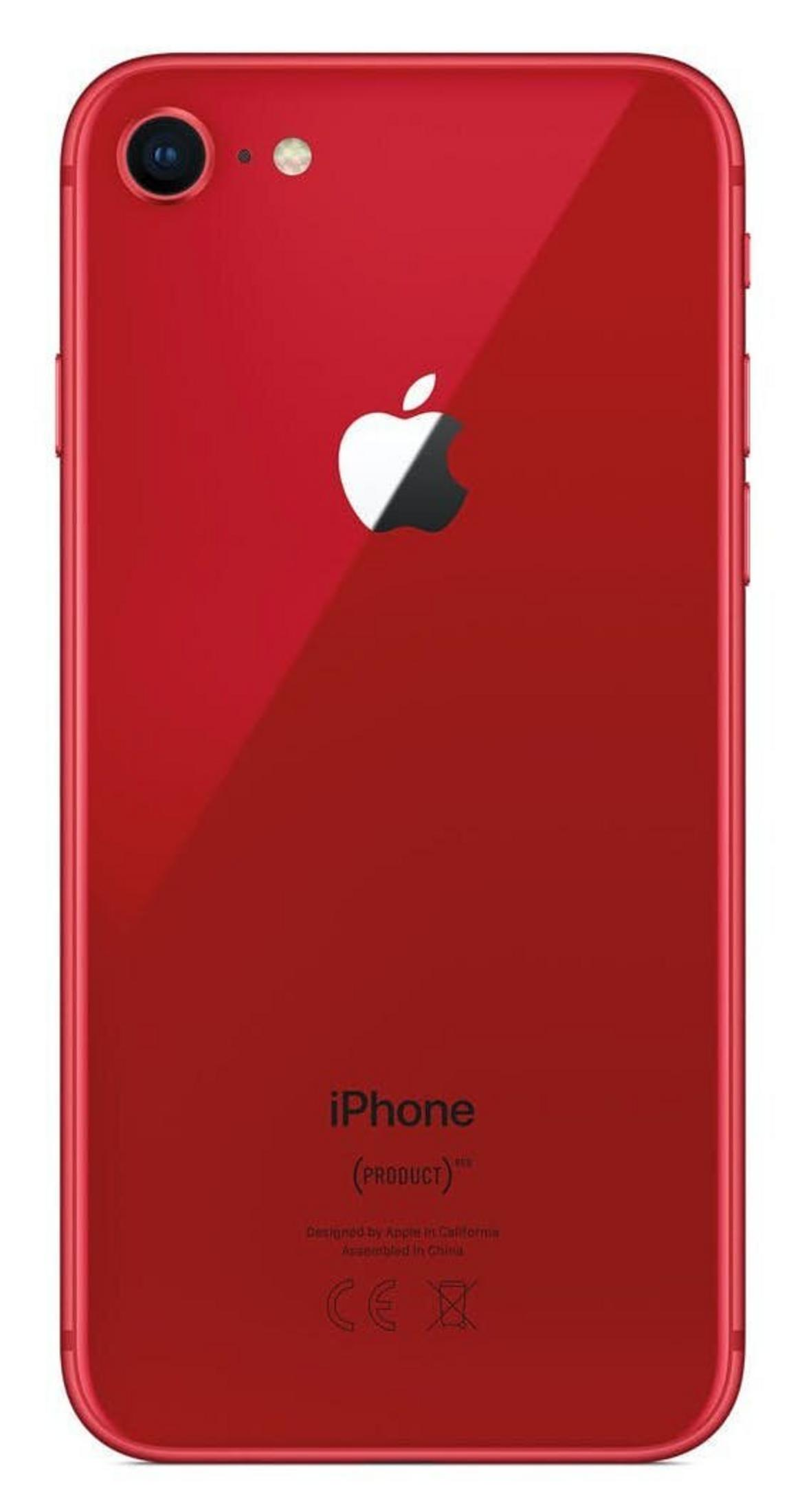 Tył czerwonego iPhone'a z logo Apple. Aparat i tekst: iPhone (PRODUCT)RED. Białe i czarne logo Apple.