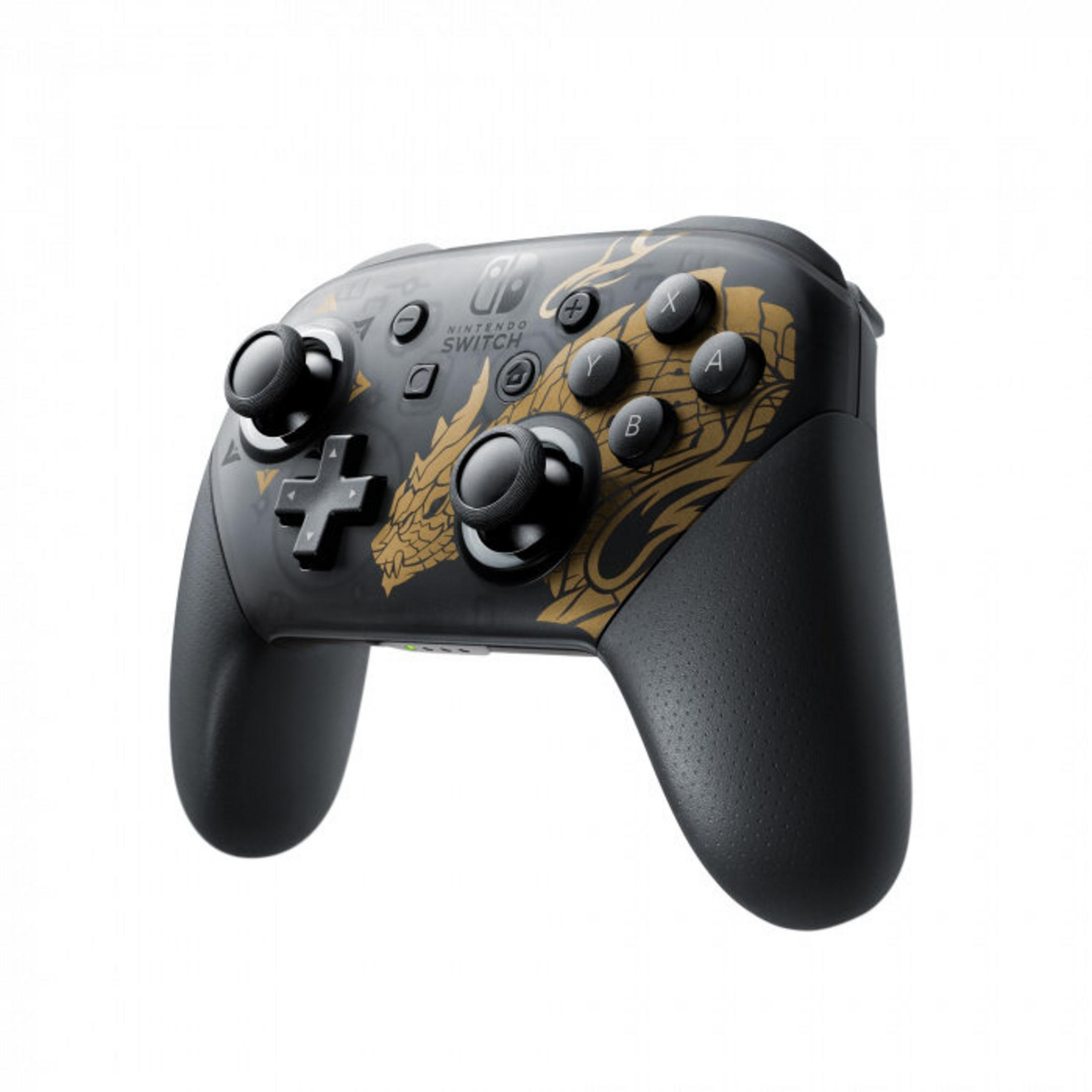 Schwarzer und goldener Nintendo Switch Pro Controller. Mit Drachendesign und Standardtasten.
