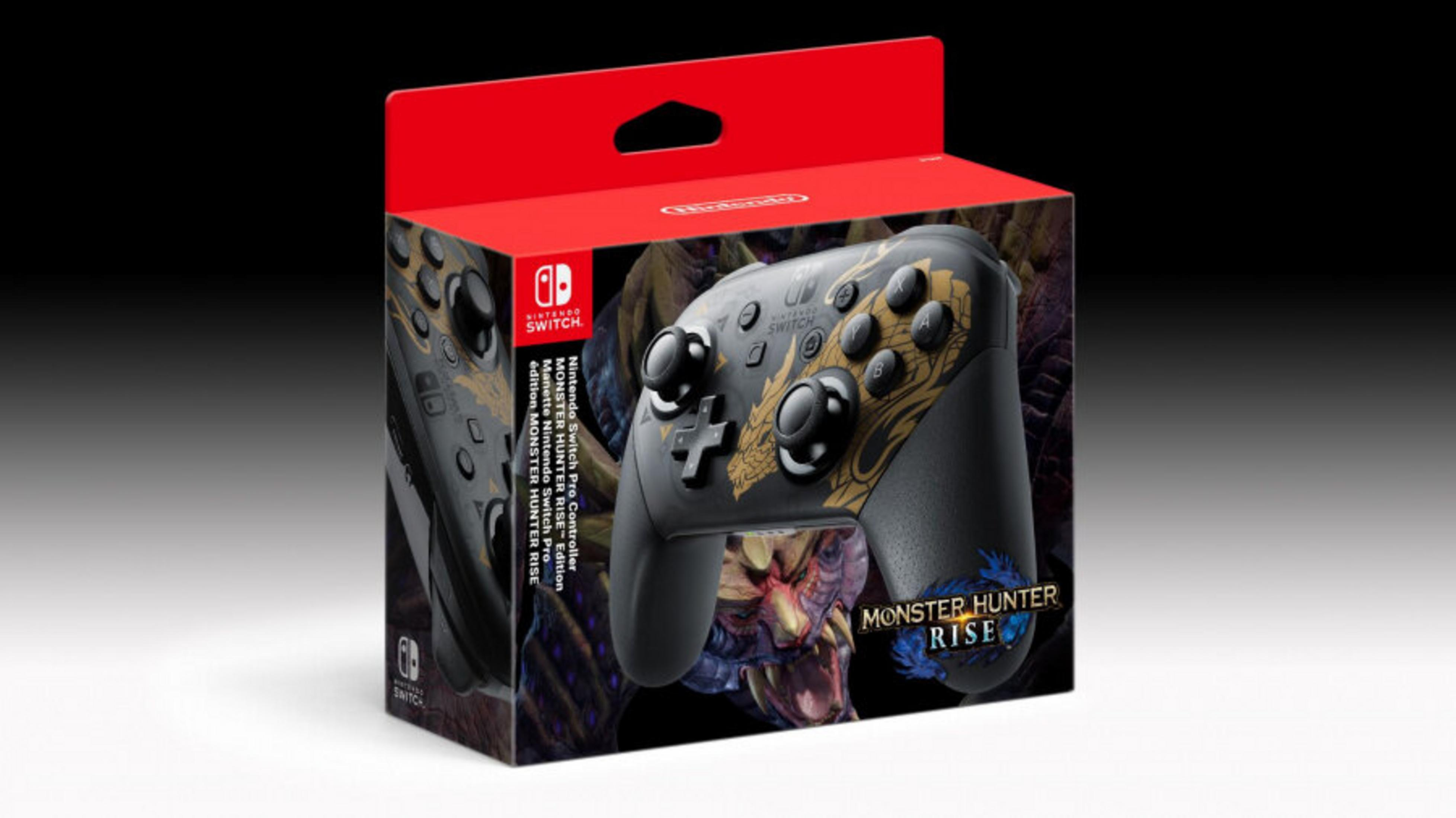 Eine Nintendo Switch Pro Controller-Box. Die Box ist rot und schwarz, mit dem Controller sichtbar. Es ist die Monster Hunter Rise-Edition.