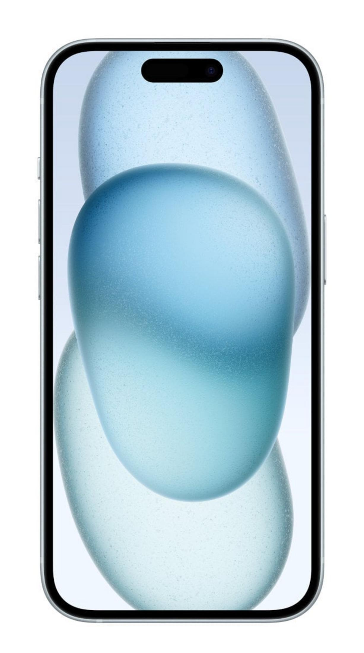 Smartfon z ekranem wyświetlającym niebieskie, rozmyte, abstrakcyjne kształty. Ma czarne wcięcie na górze i srebrne krawędzie.