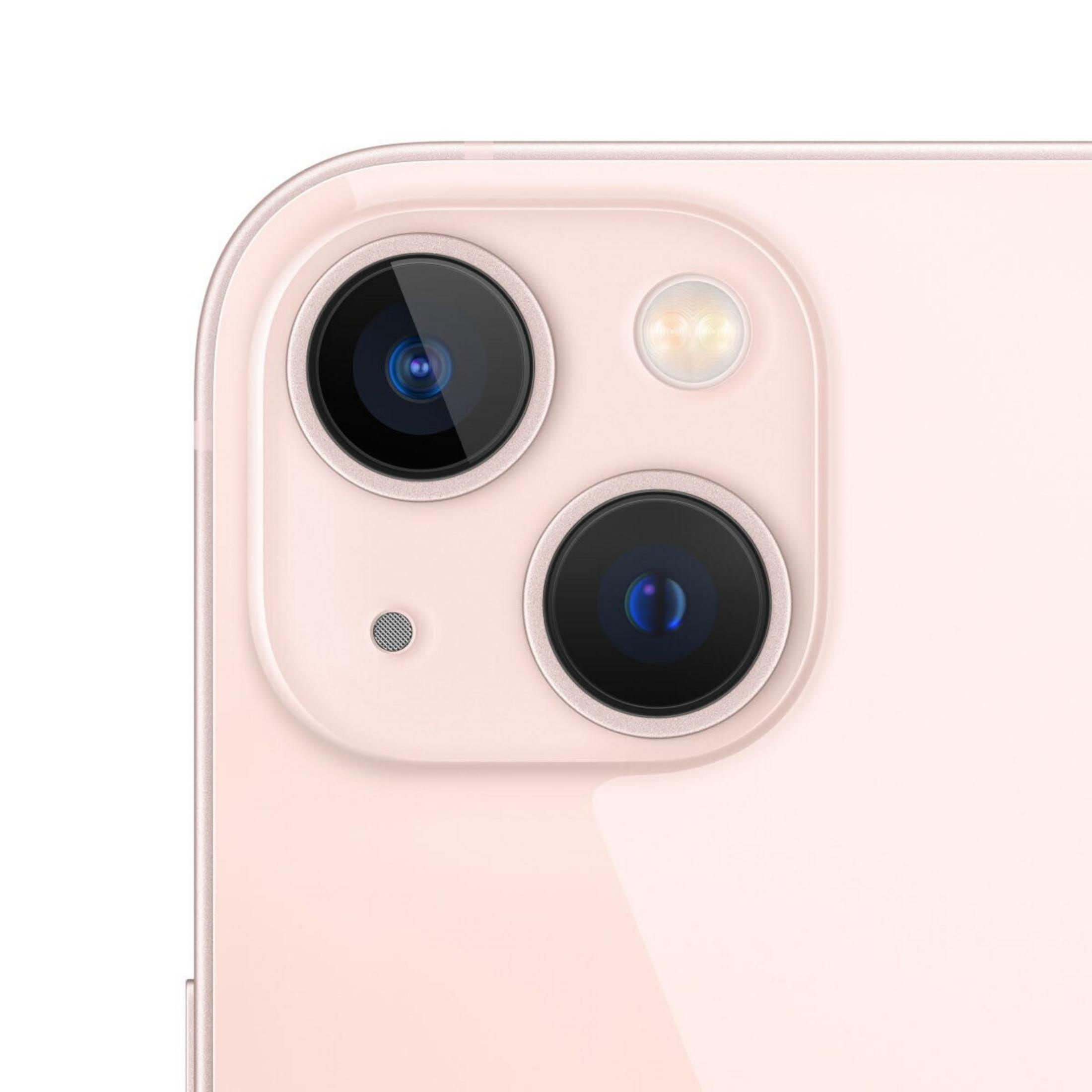 Primo piano del modulo fotocamera di uno smartphone rosa. Sono visibili due obiettivi, un flash e un microfono.