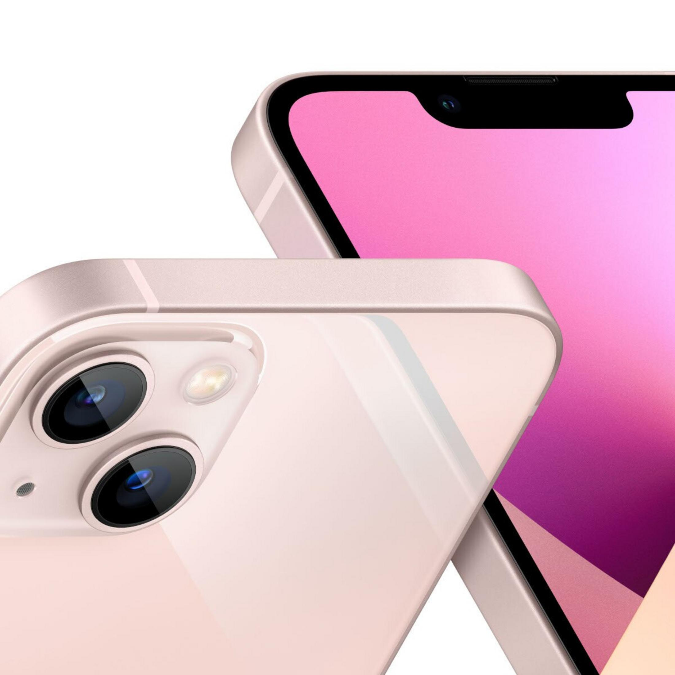 Primo piano di due smartphone rosa. Uno mostra la fotocamera e il flash, l'altro lo schermo. Sfondo bianco.