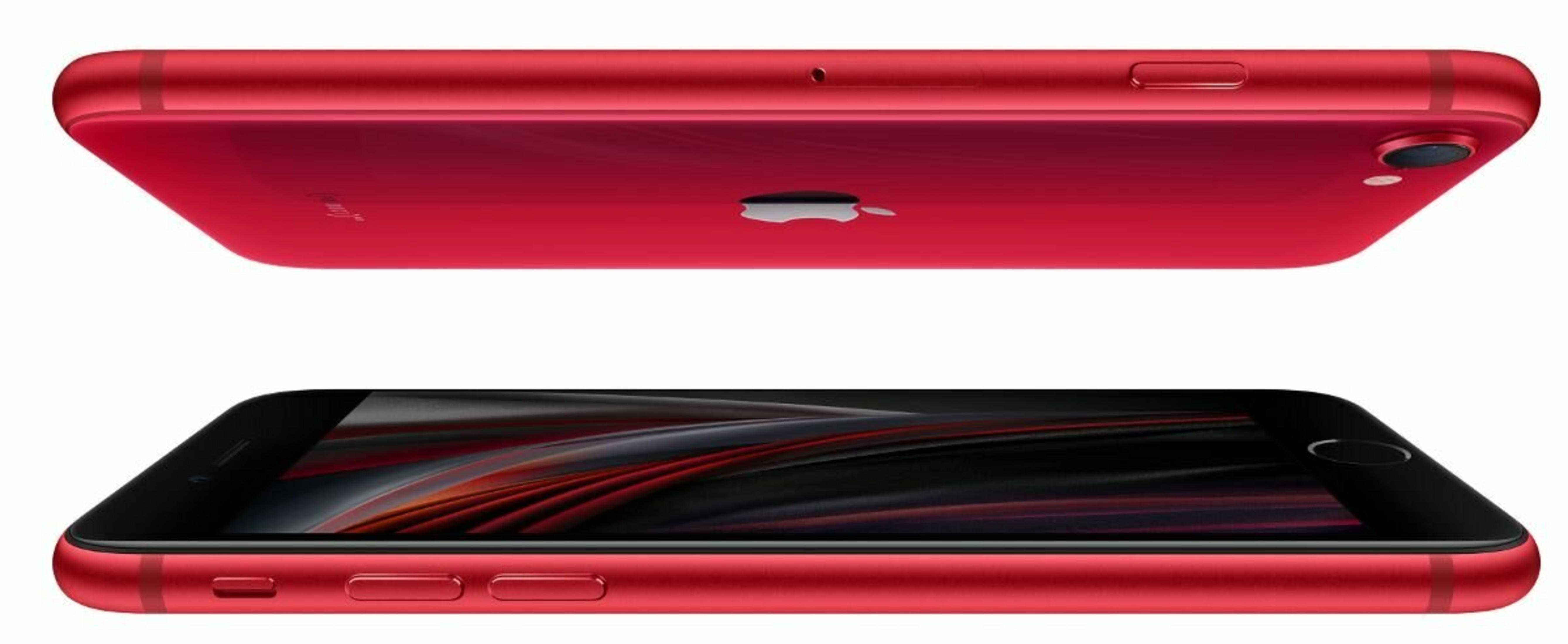 Dwa czerwone iPhone'y. Górny pokazuje tył z logo Apple. Dolny pokazuje ekran i przyciski.
