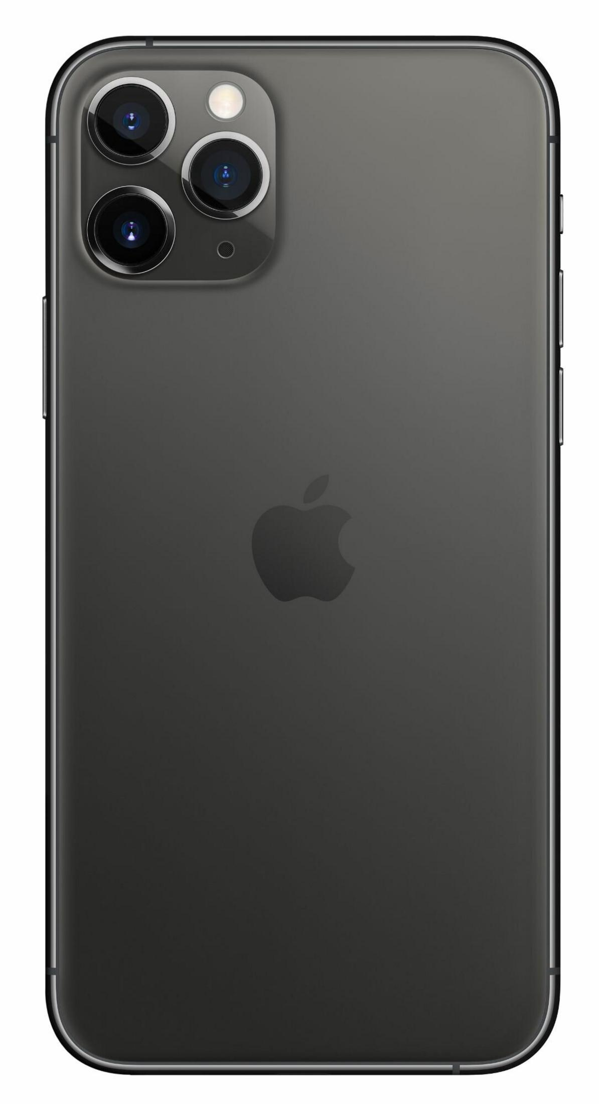 Tył ciemnoszarego iPhone'a. Widoczne są trzy aparaty i lampa błyskowa. Logo Apple znajduje się na środku.