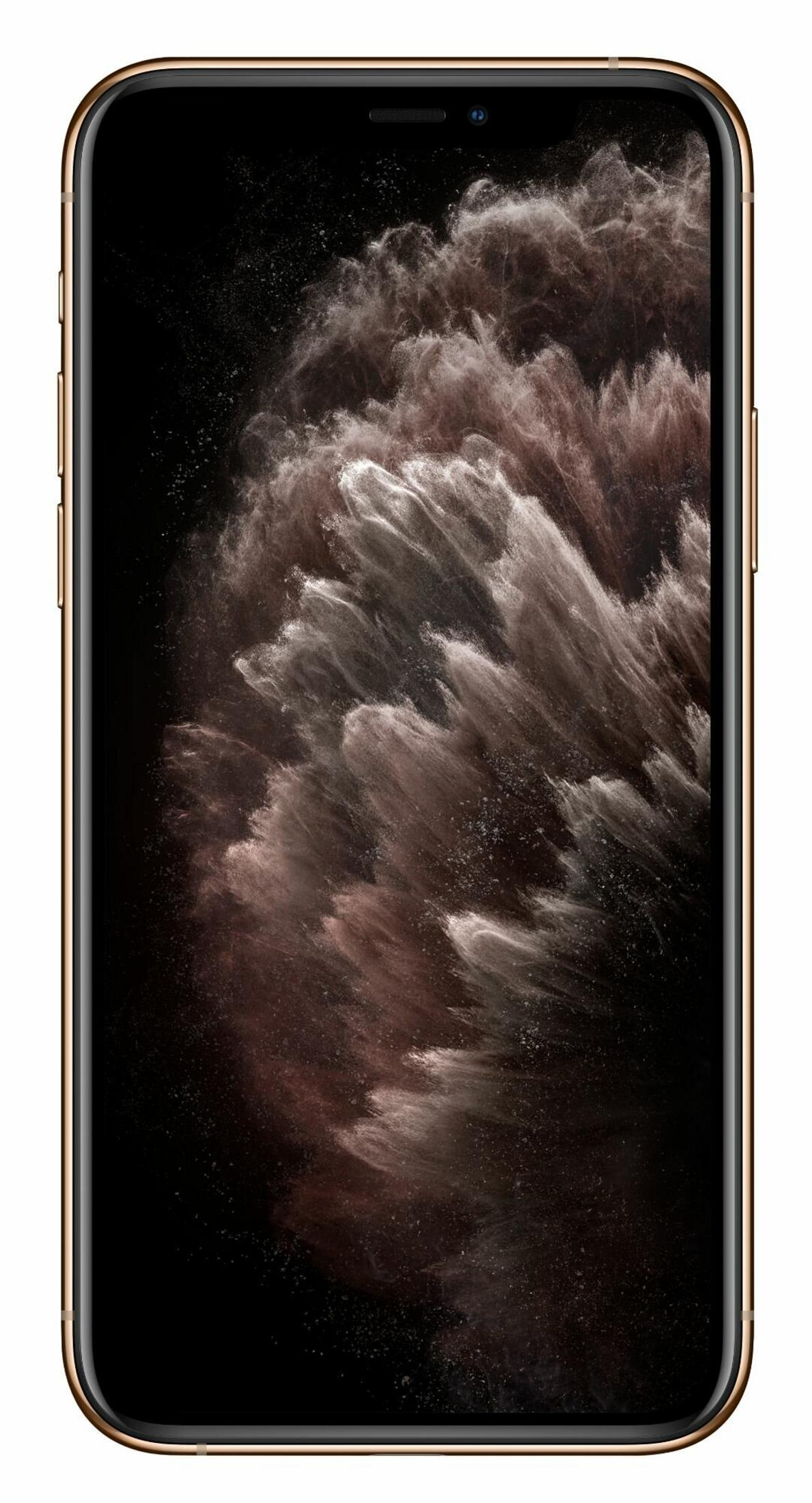 Złoty iPhone wyświetla ciemny, abstrakcyjny obraz z chmuropodobnymi teksturami w odcieniach brązu i bieli.
