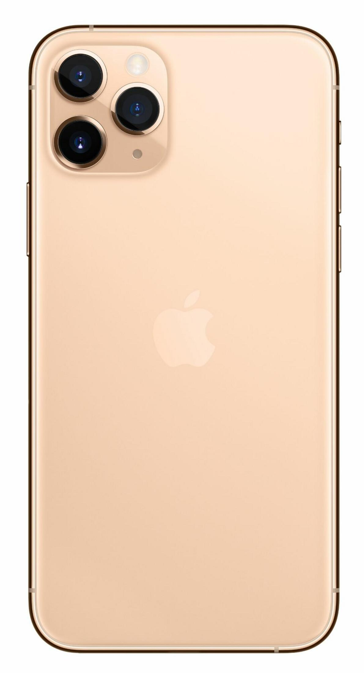Złoty tył iPhone'a 11 Pro. Posiada potrójny aparat i logo Apple. Telefon jest złoty i ma zaokrąglone rogi.