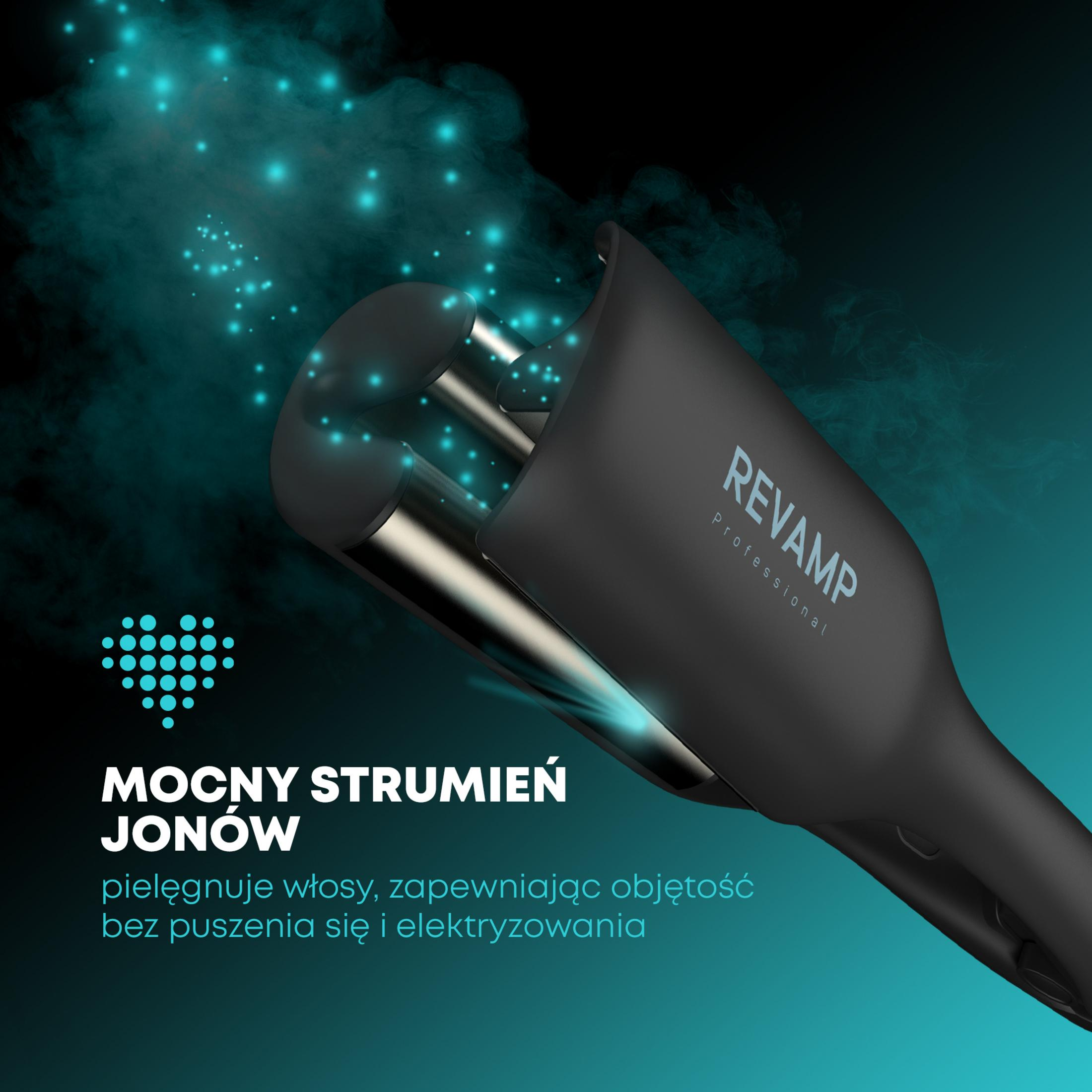 Schwarzes Revamp-Haarwerkzeug mit starkem Ionenstrom, gezeigt auf teal Hintergrund mit leuchtenden Partikeln.