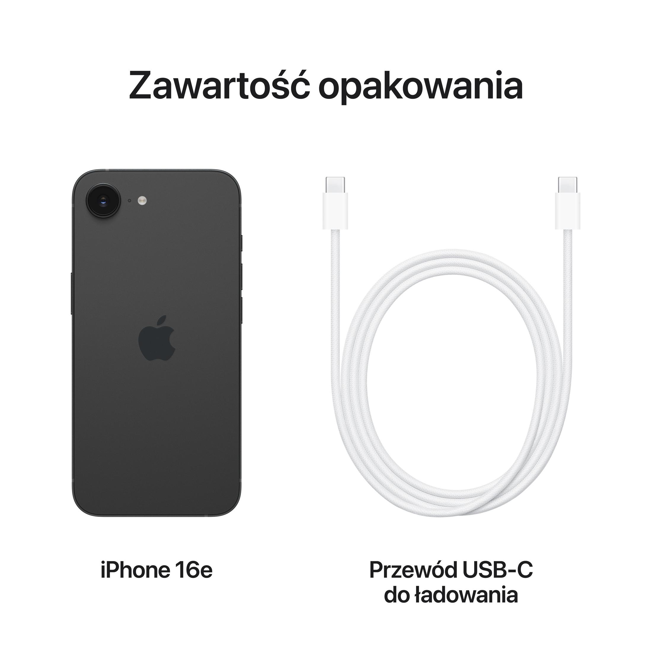 Obraz przedstawia iPhone'a 16e i kabel do ładowania USB-C. Oba na białym tle. Obecny jest również tekst w języku polskim.