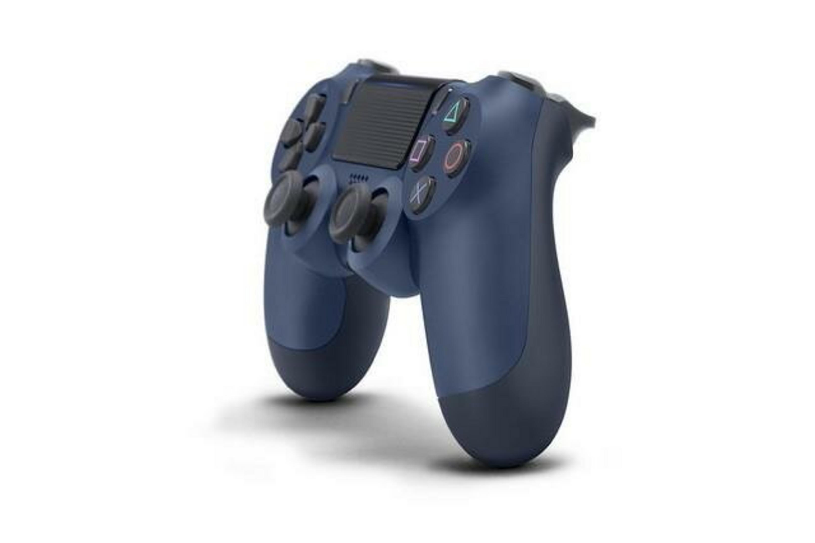 Ein blauer PlayStation 4-Controller wird auf weißem Hintergrund angezeigt. Er hat Knöpfe und Analogsticks.