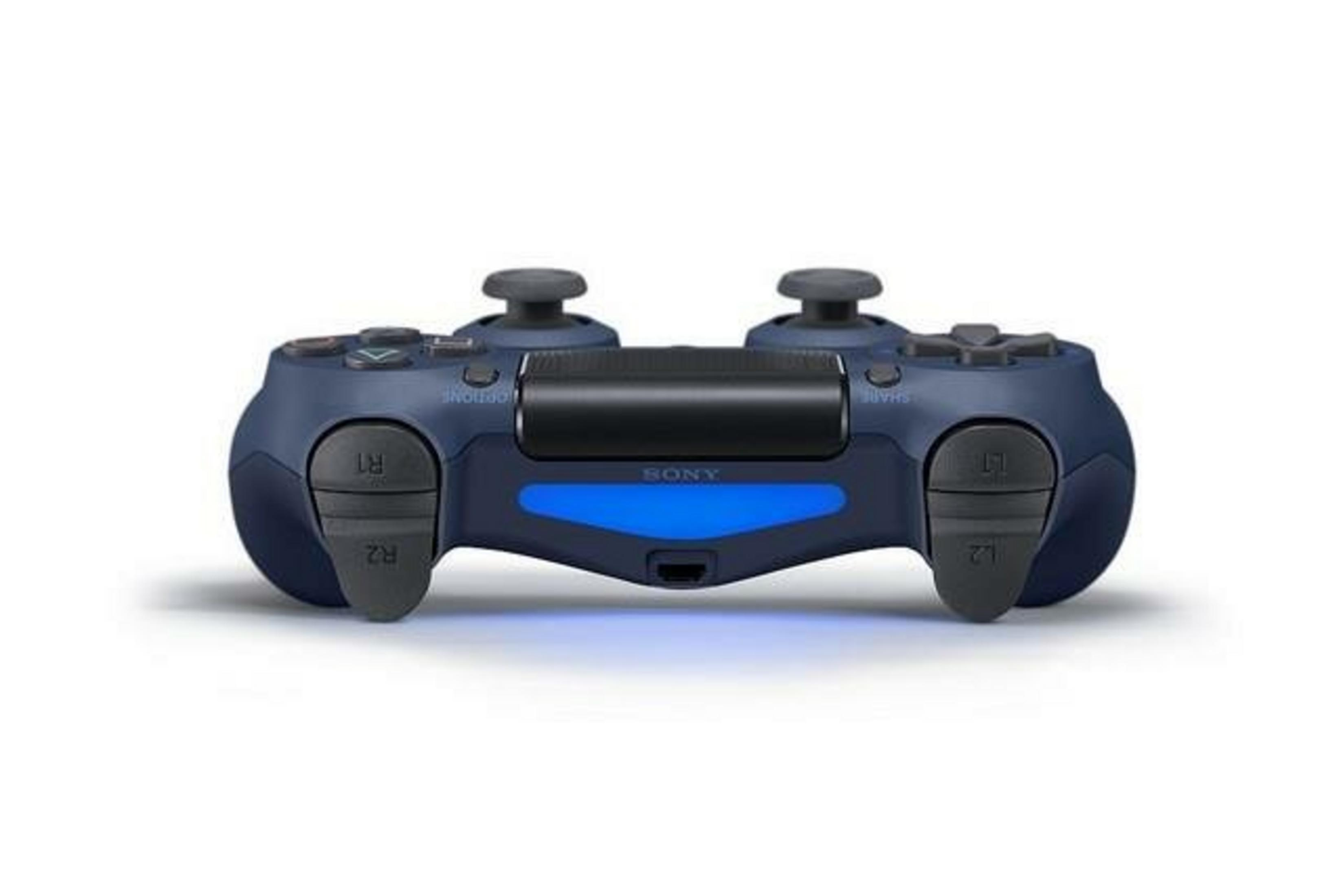Ein marineblauer PlayStation 4-Controller. Er hat Tasten, Joysticks und das Sony-Logo. Die Mitte leuchtet blau.