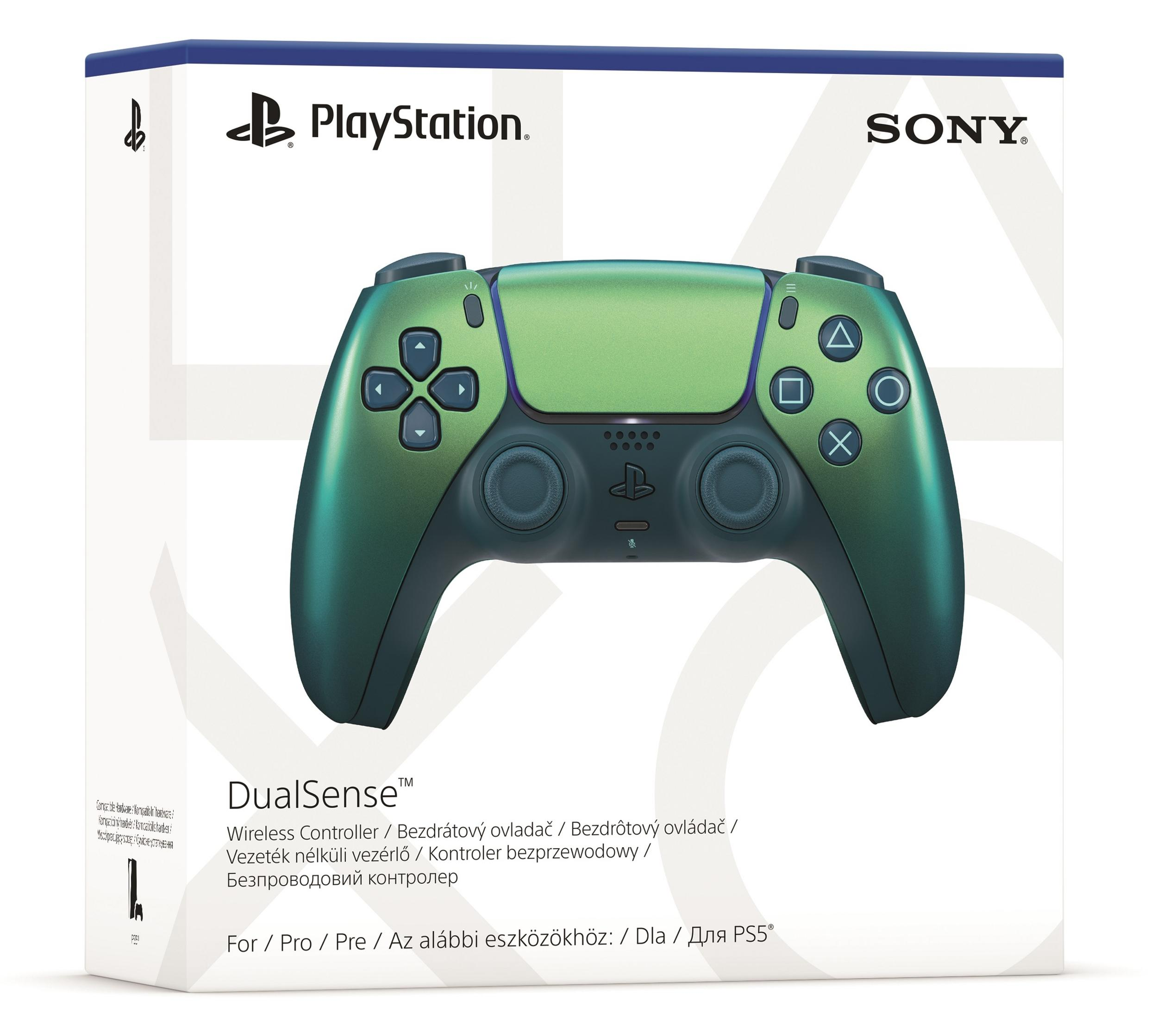 Una scatola del controller DualSense Playstation verde e nera. Il controller è visibile sulla parte anteriore.