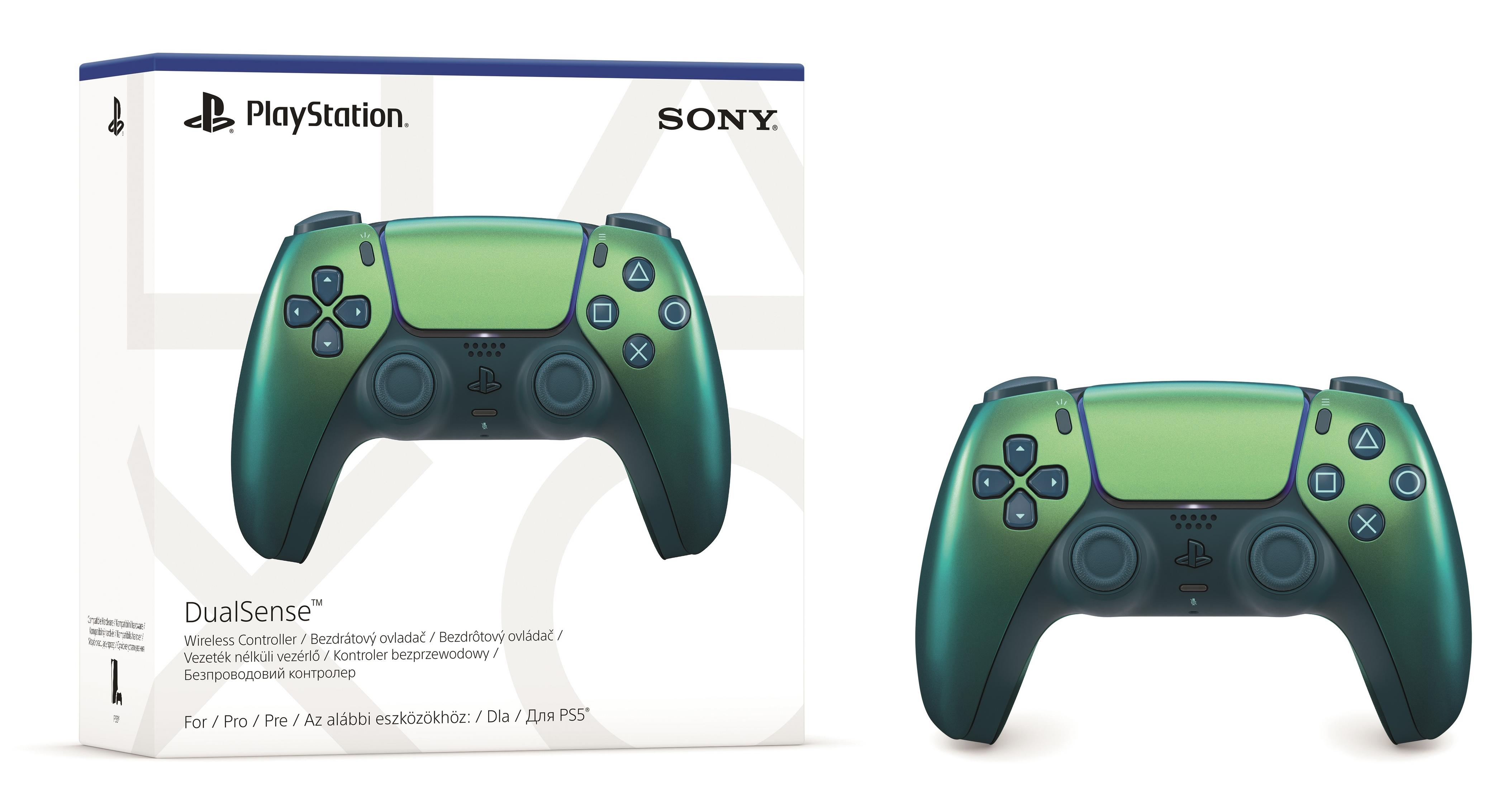 Una scatola e un controller DualSense verdi. La scatola presenta i loghi PlayStation e Sony.