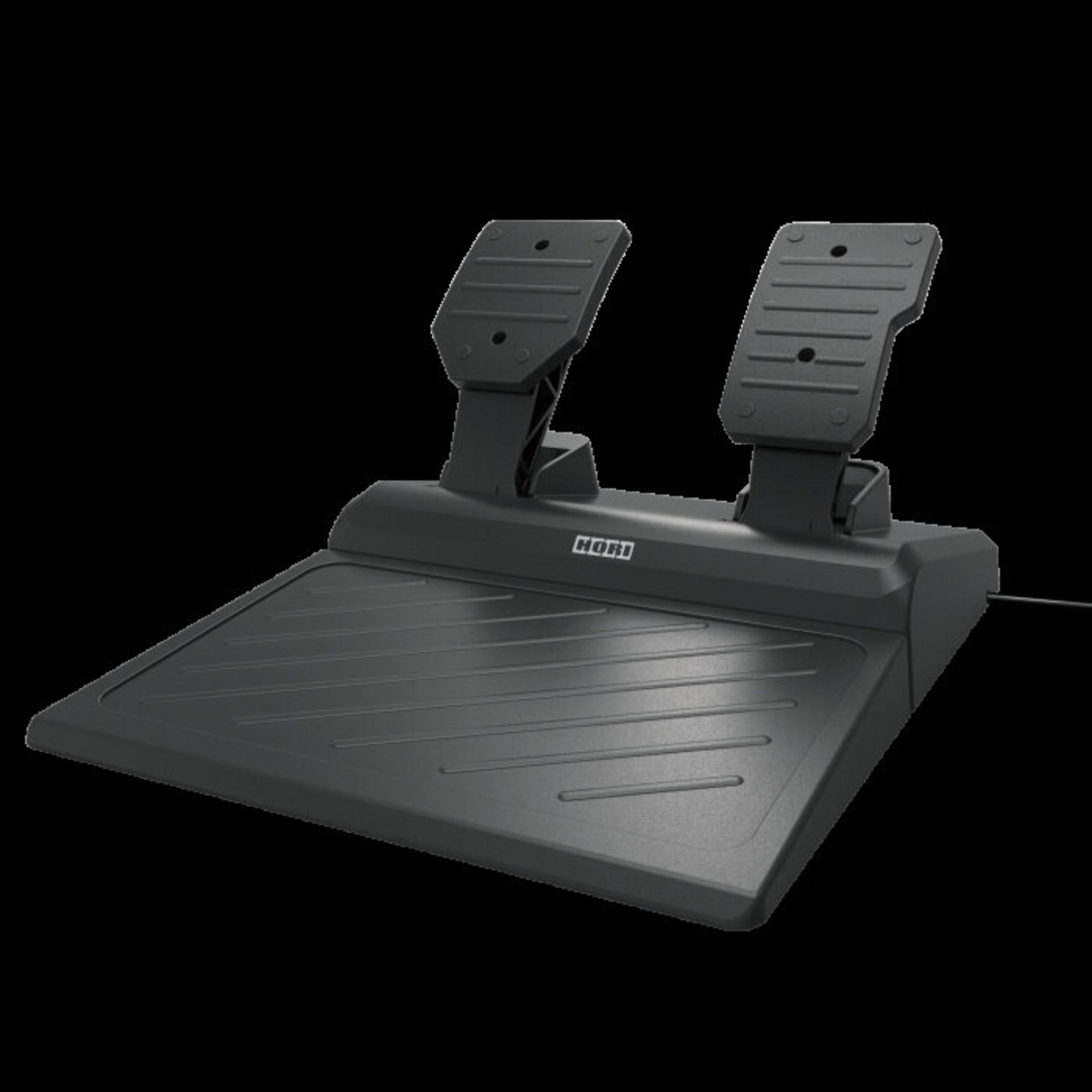 Czarny zestaw pedałów do gier. Dwa pedały na górze i podnóżek na dole, wszystko na czarnej podstawie.