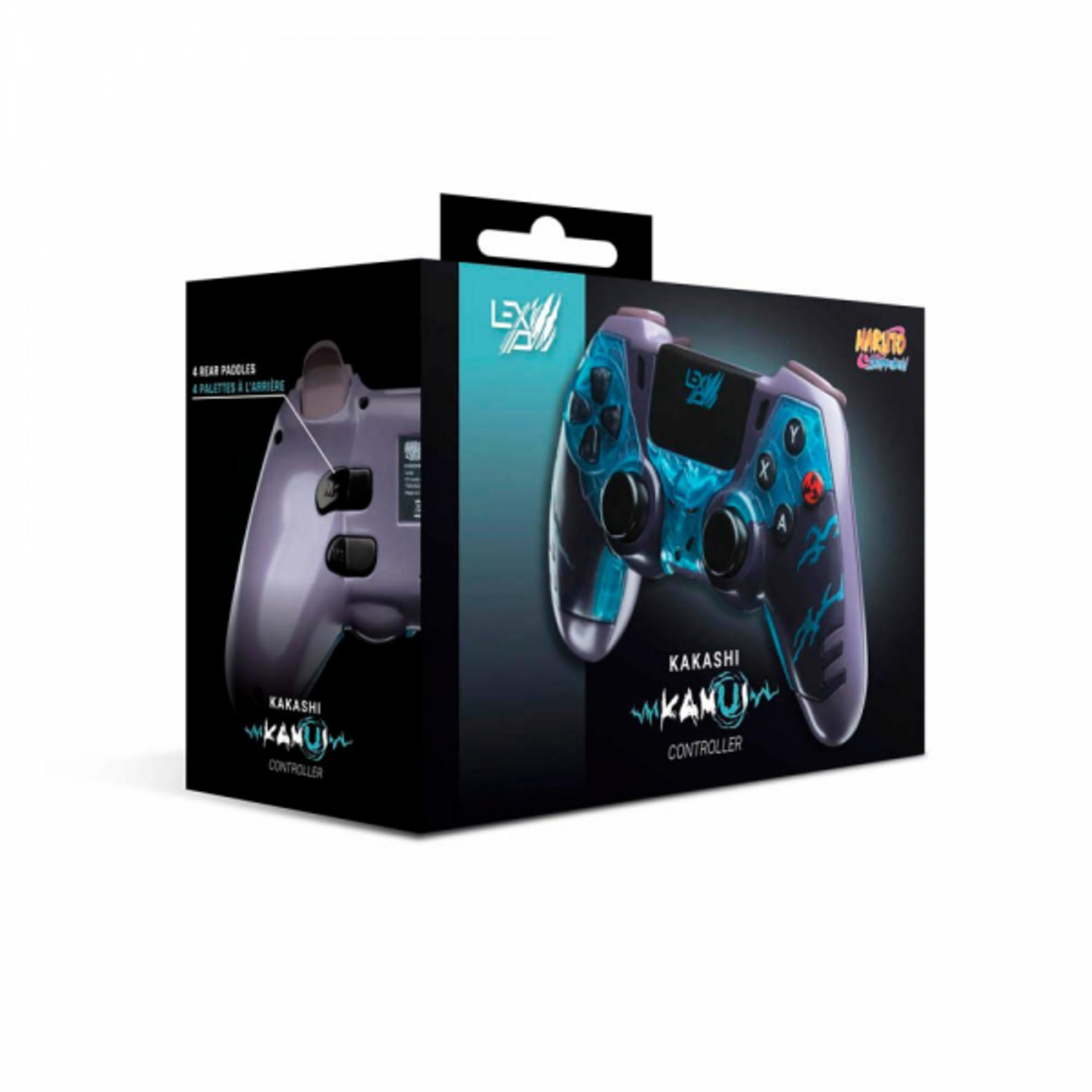 Pudełko kontrolera gier. Zawiera fioletowo-niebieski wzór kontrolera z nazwą Kakashi. Pudełko ma czarny uchwyt.