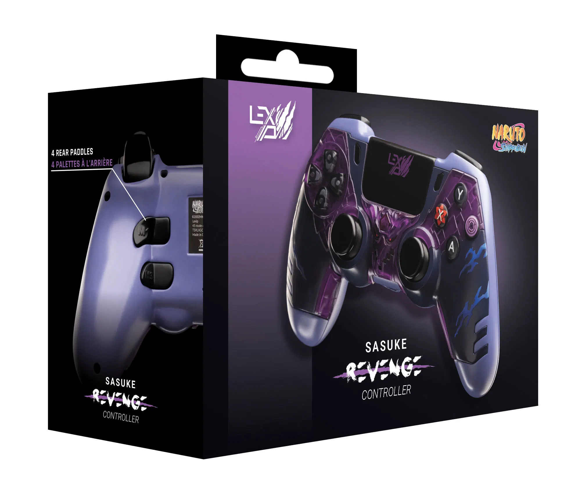 Pudełko z kontrolerem do gier z napisem Sasuke Revenge Controller. Kontroler ma fioletowe akcenty.