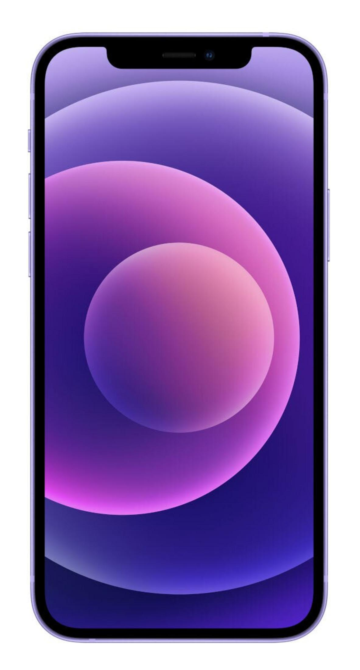 Lo schermo di uno smartphone mostra una sfumatura viola con un design circolare. Il telefono ha un bordo nero e uno sfondo bianco.