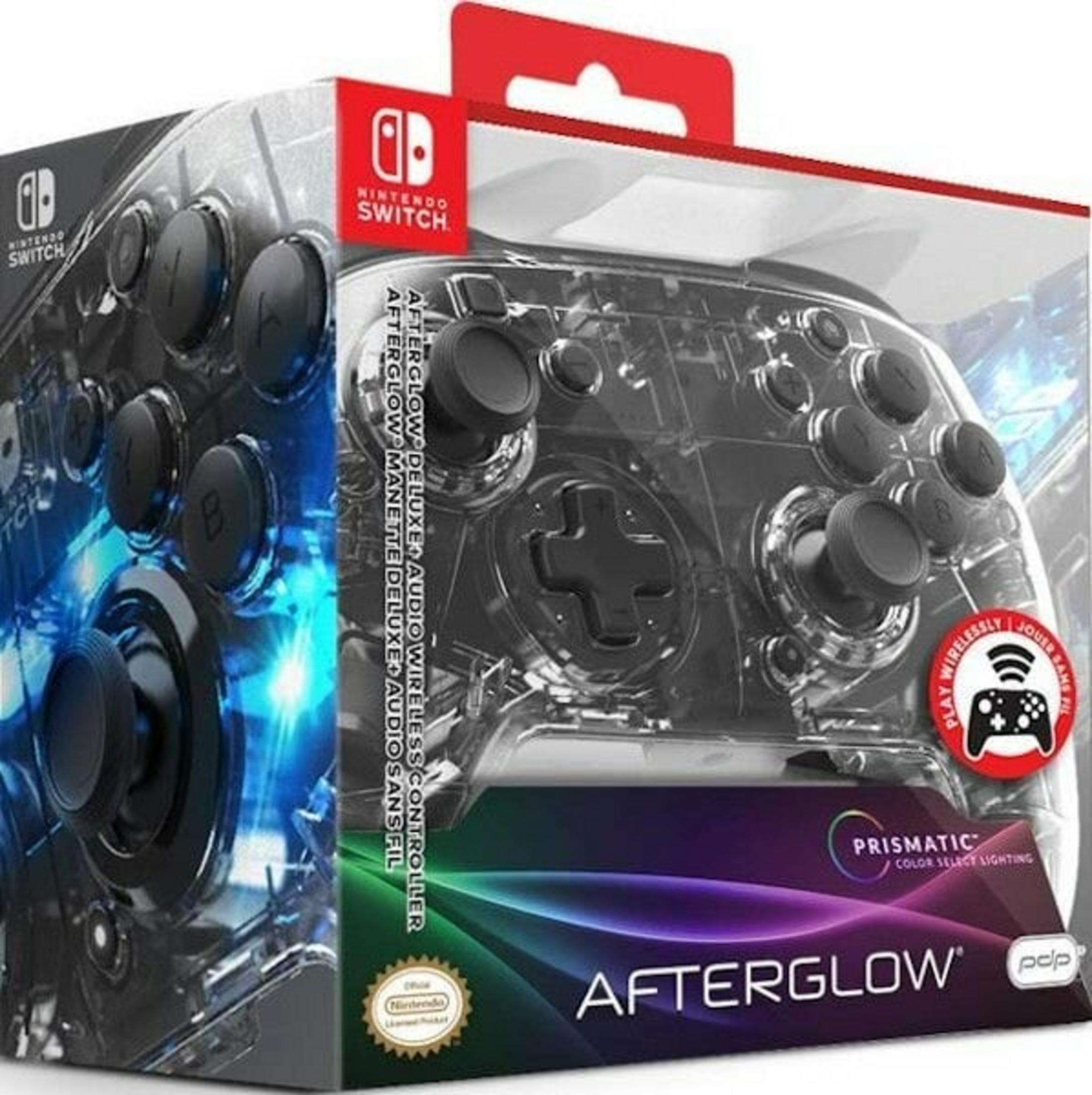 Przezroczysty kontroler Nintendo Switch w pudełku. Oznaczony jako 'Afterglow' i 'Prismatic Color Select Lighting'.