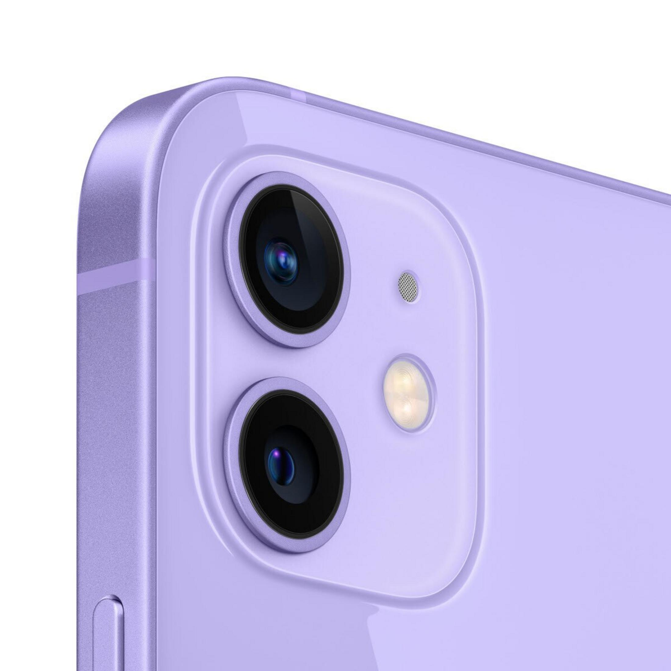 Primo piano del modulo fotocamera di uno smartphone viola, con due obiettivi, un flash e un microfono. Finitura liscia e lucida.