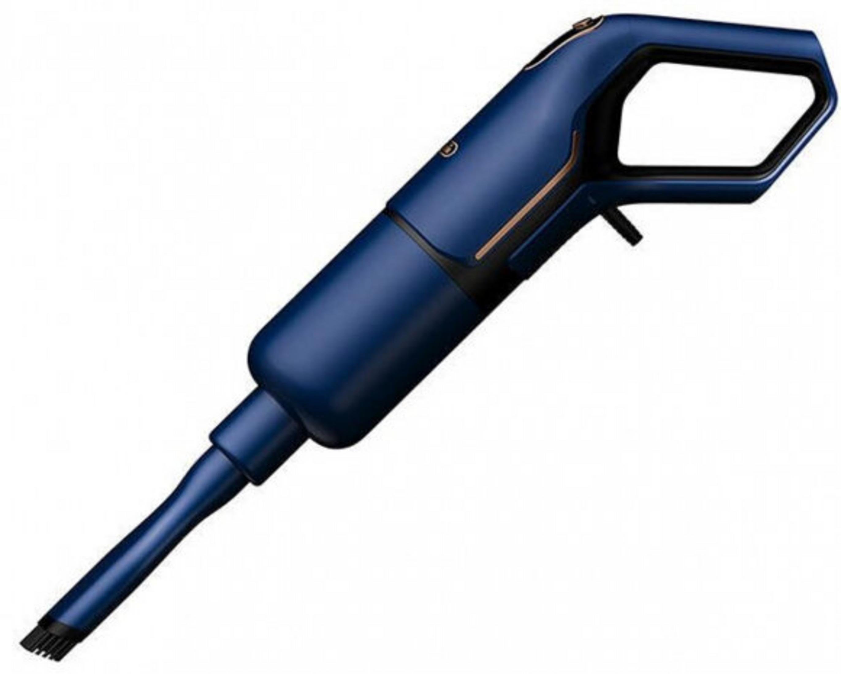 Un aspirapolvere portatile blu navy. Ha un manico e una testina.