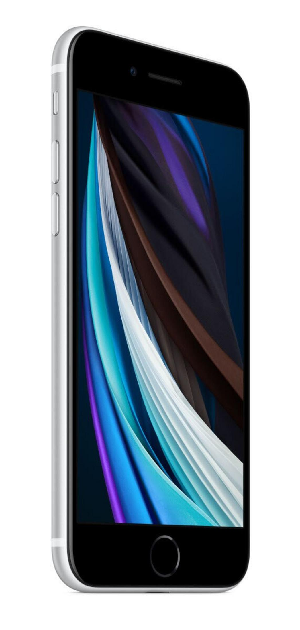 Srebrny iPhone SE. Czarny ekran wyświetla kolorowe, abstrakcyjne linie. Widoczny przycisk Home. Telefon pochylony w prawo.